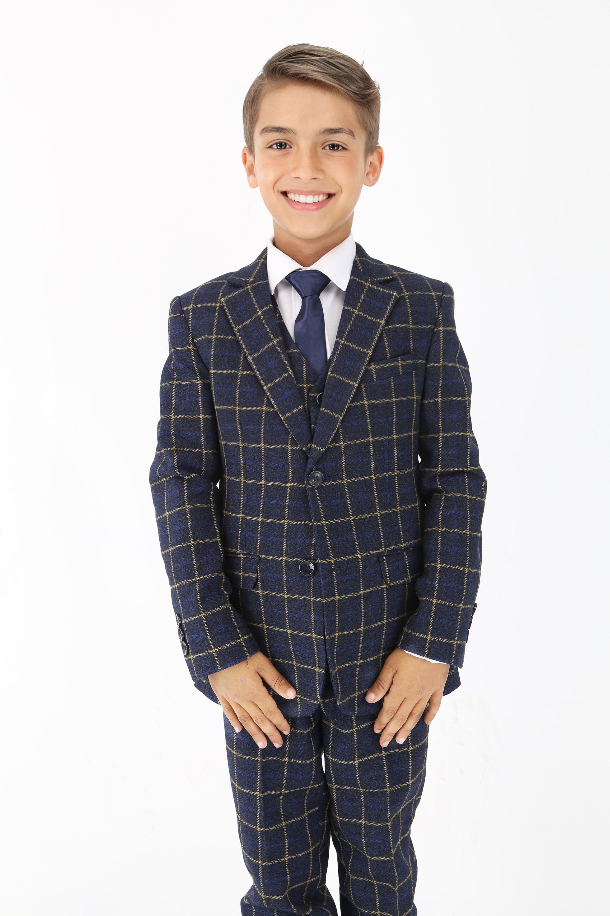 Boys Navy Blue Retro Check Suit - Navy Blue