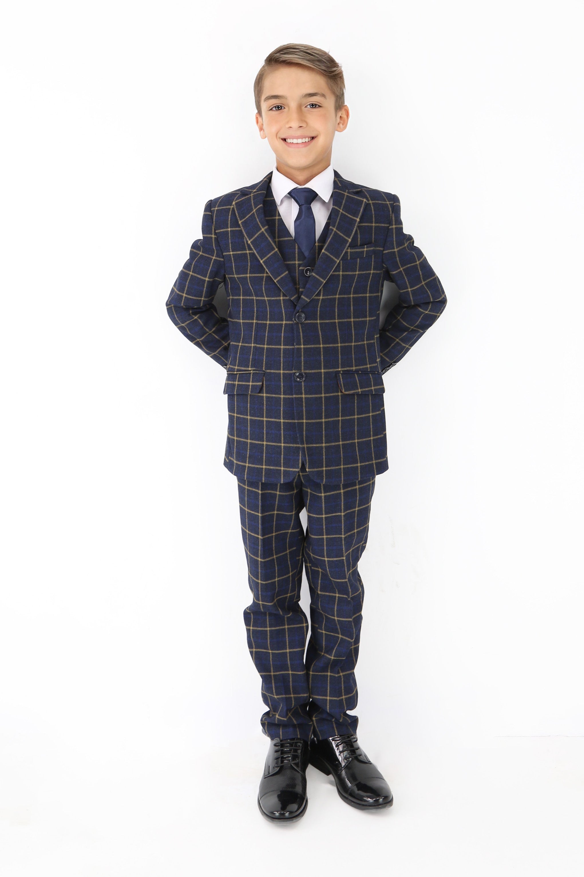 Boys Navy Blue Retro Check Suit - Navy Blue