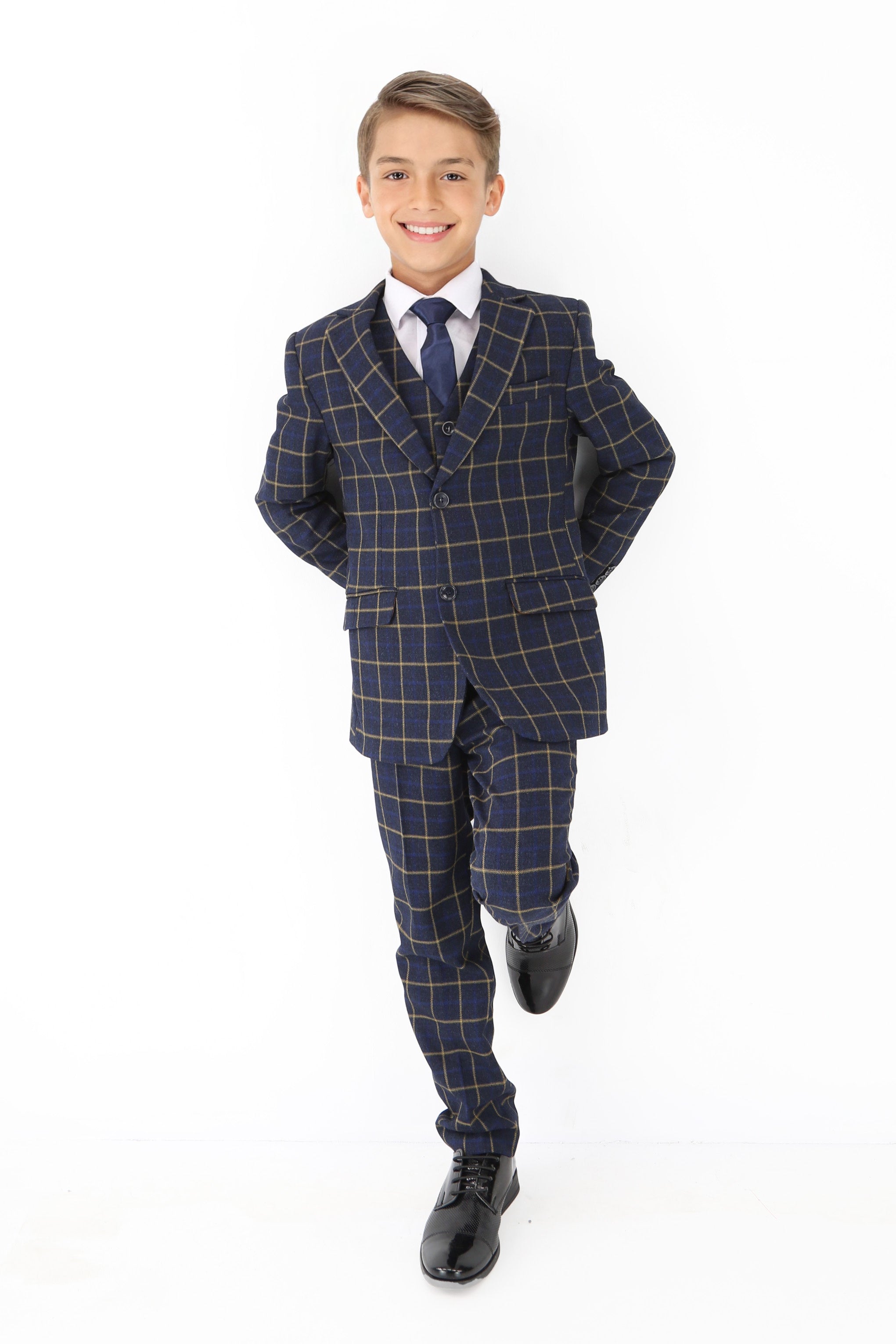 Boys Navy Blue Retro Check Suit - Navy Blue