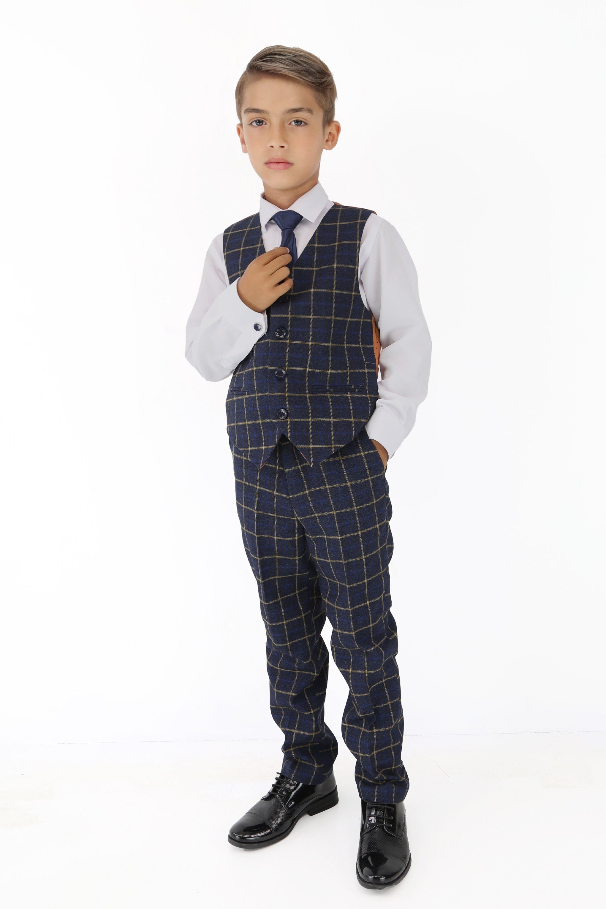 Boys Navy Blue Retro Check Suit - Navy Blue