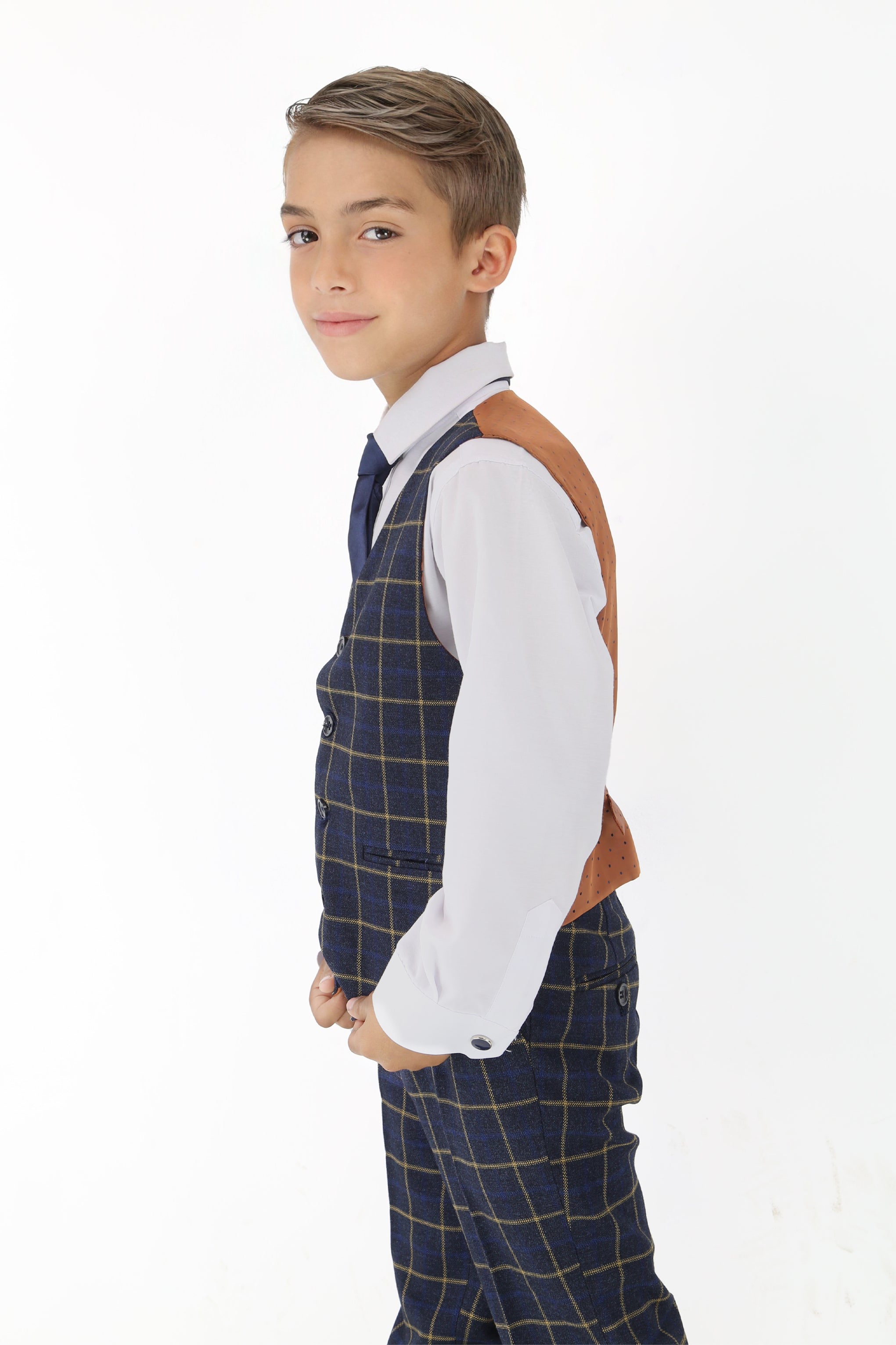 Boys Navy Blue Retro Check Suit - Navy Blue
