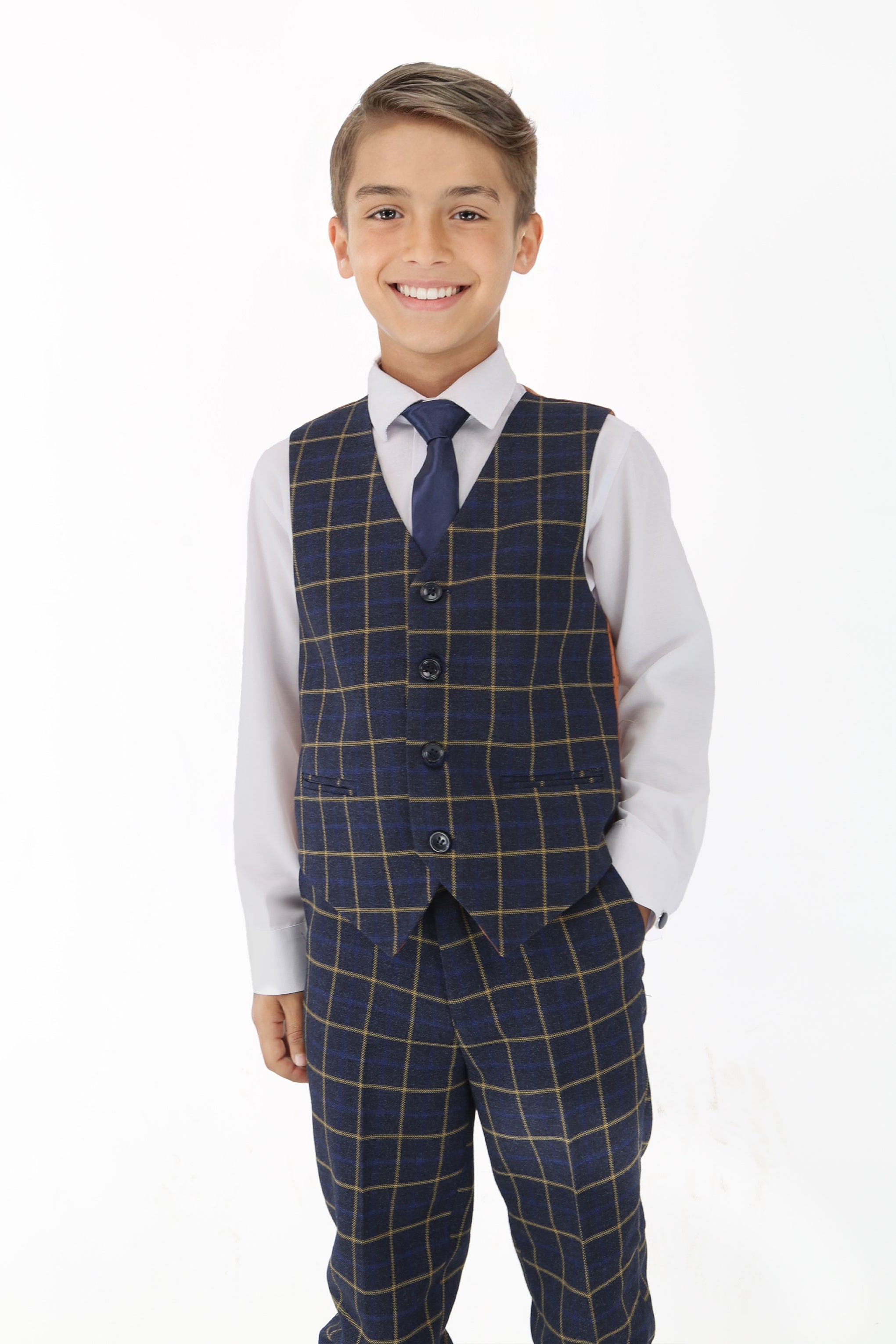 Boys Navy Blue Retro Check Suit - Navy Blue