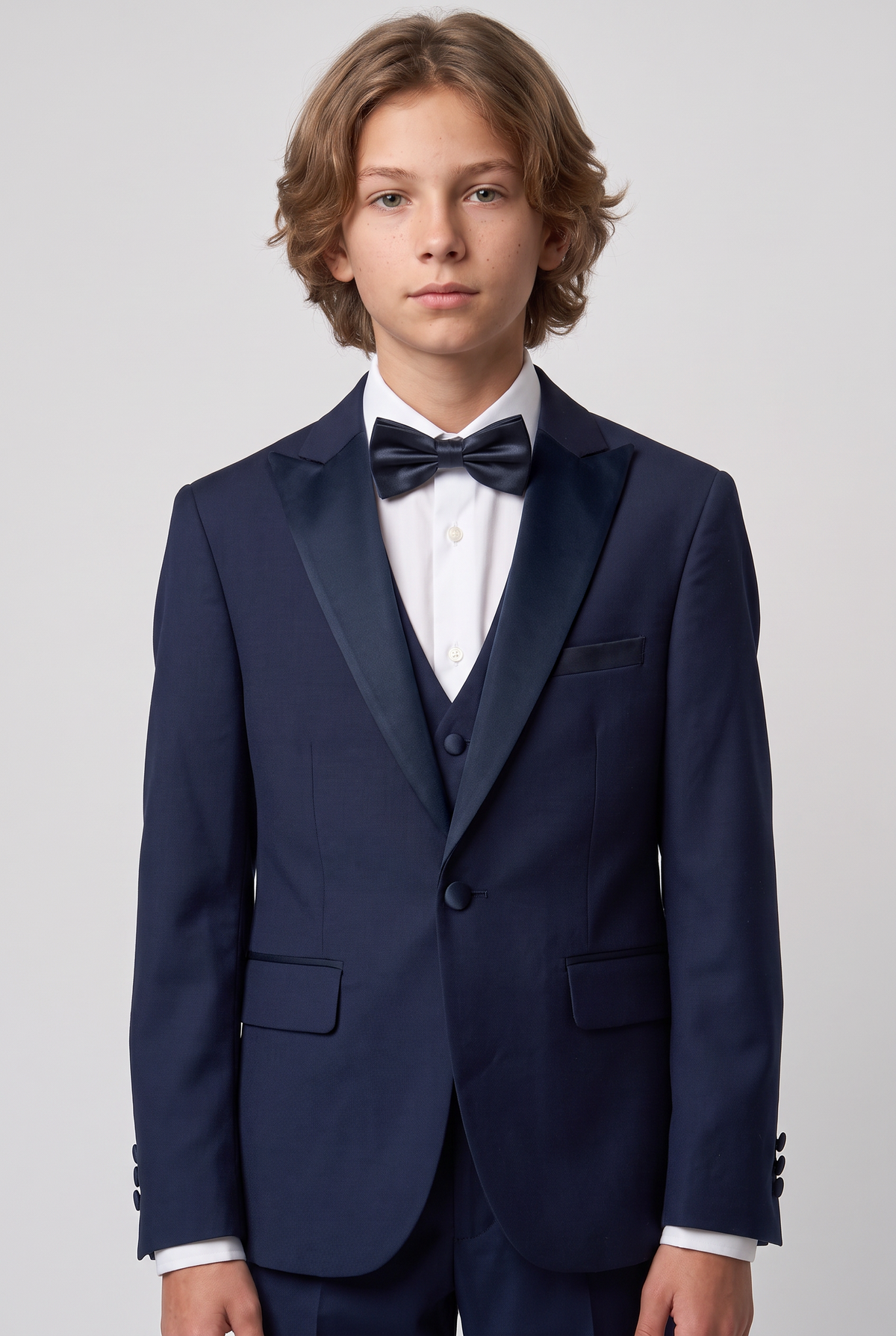 Boys Navy Satin Lapel Tuxedo Suit - 4-Piece or 5-Piece with Cufflink Shirt