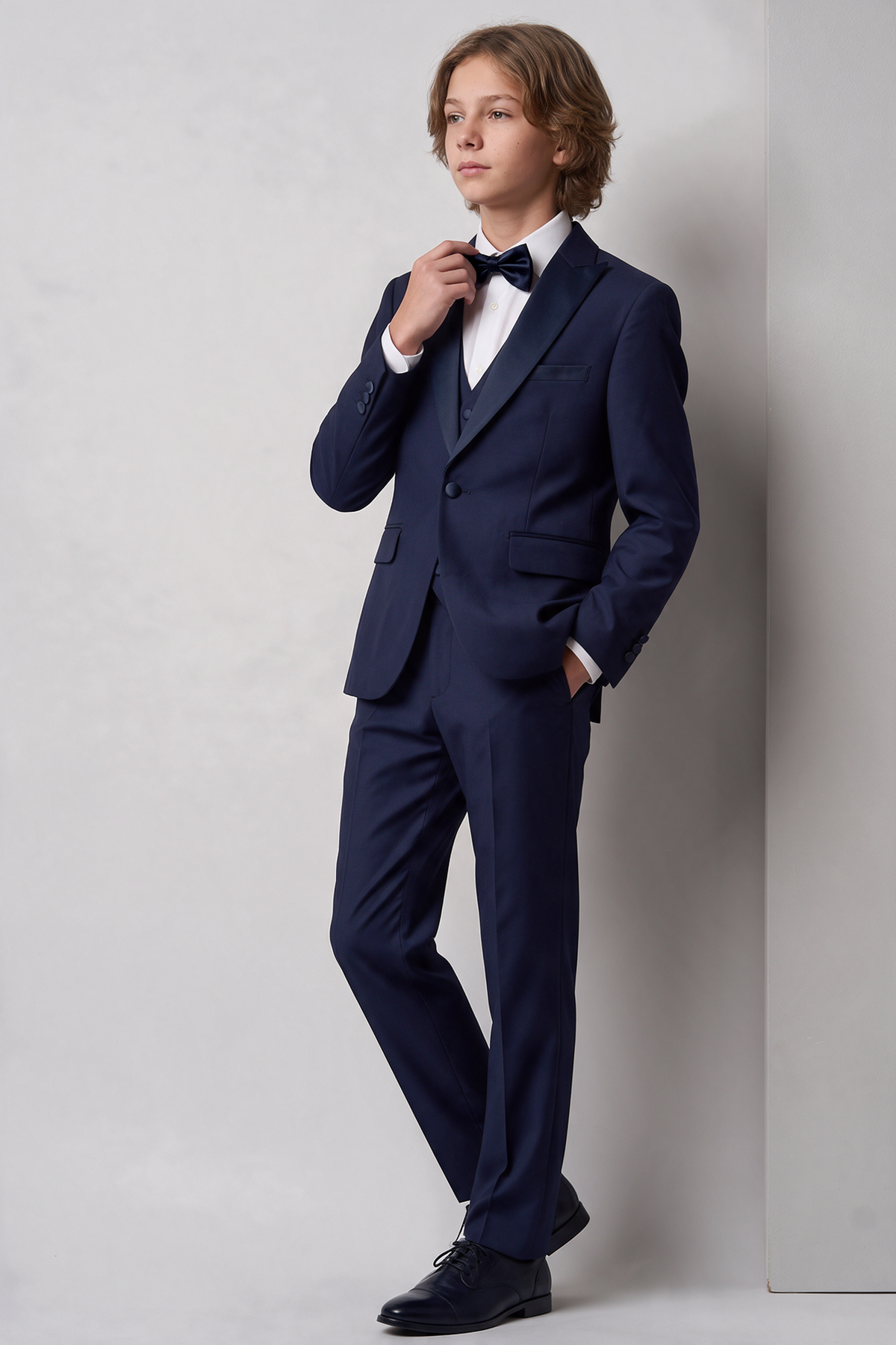 Boys Navy Satin Lapel Tuxedo Suit - 4-Piece or 5-Piece with Cufflink Shirt