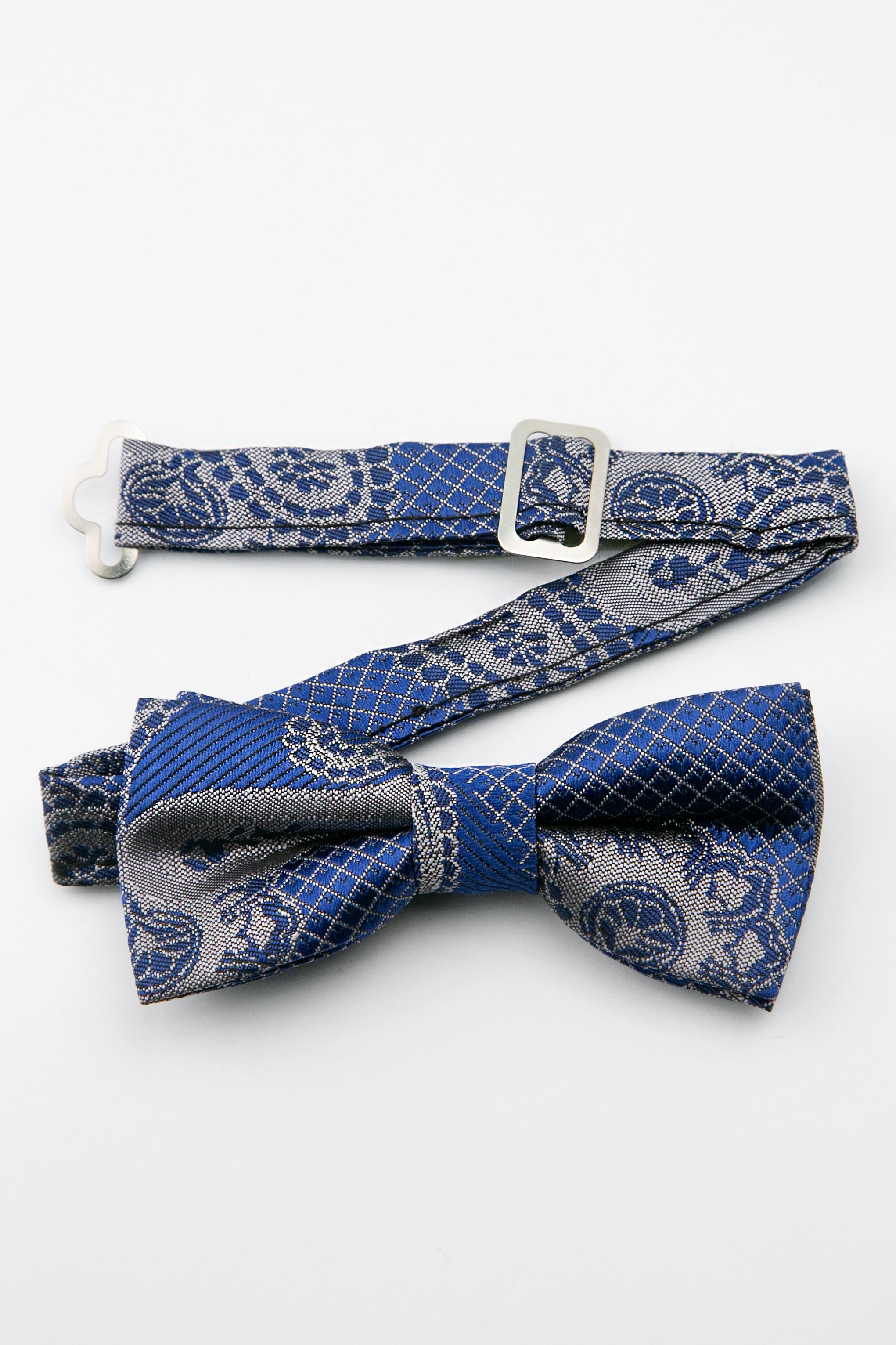 Boys’ Paisley Pre-Tied Dickie Bow Tie - Blue and Silver Detail Picture