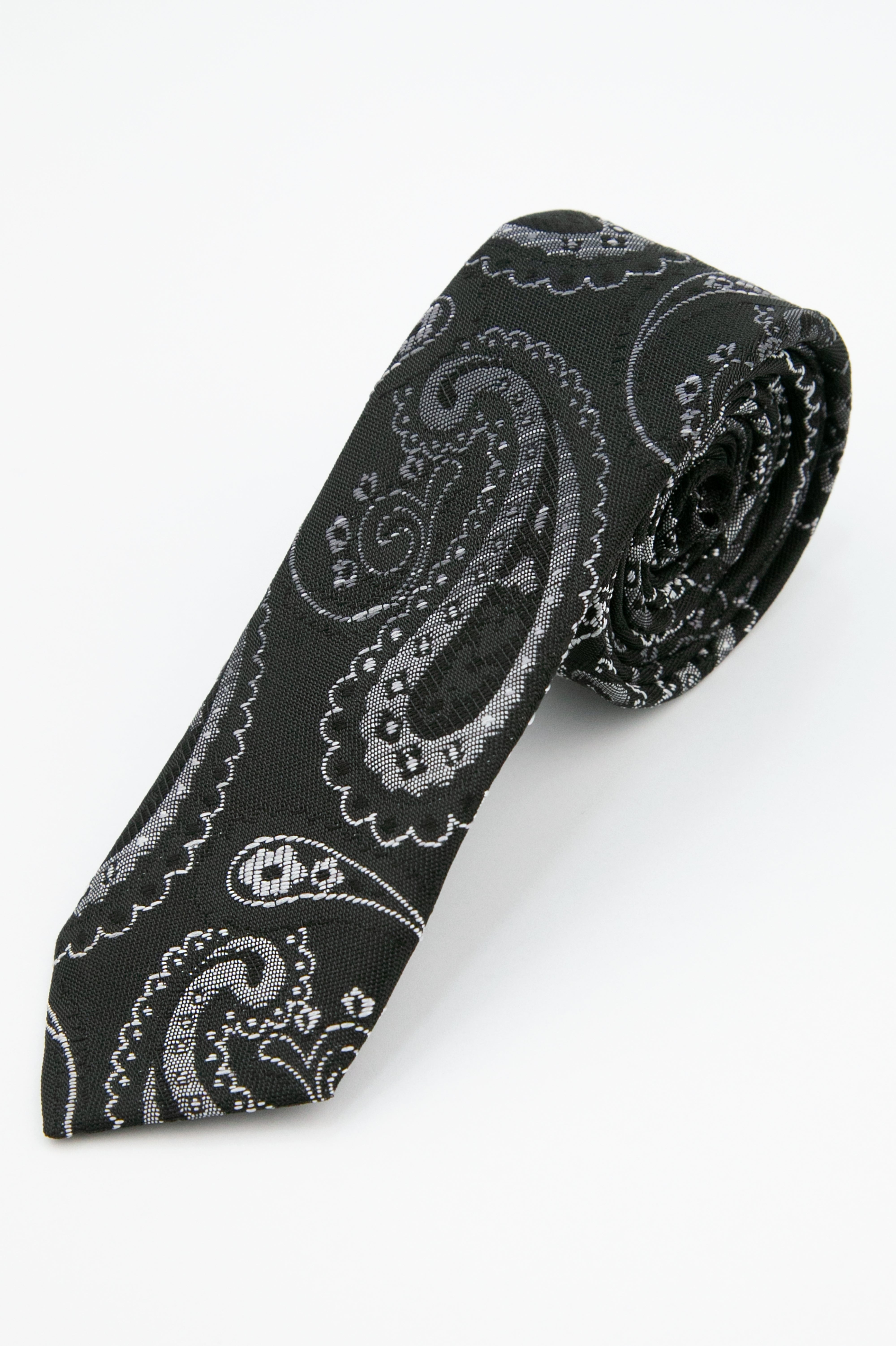 Boys’ Paisley Slim Tie & Pocket Square Set - Black and Silver Tie Picture