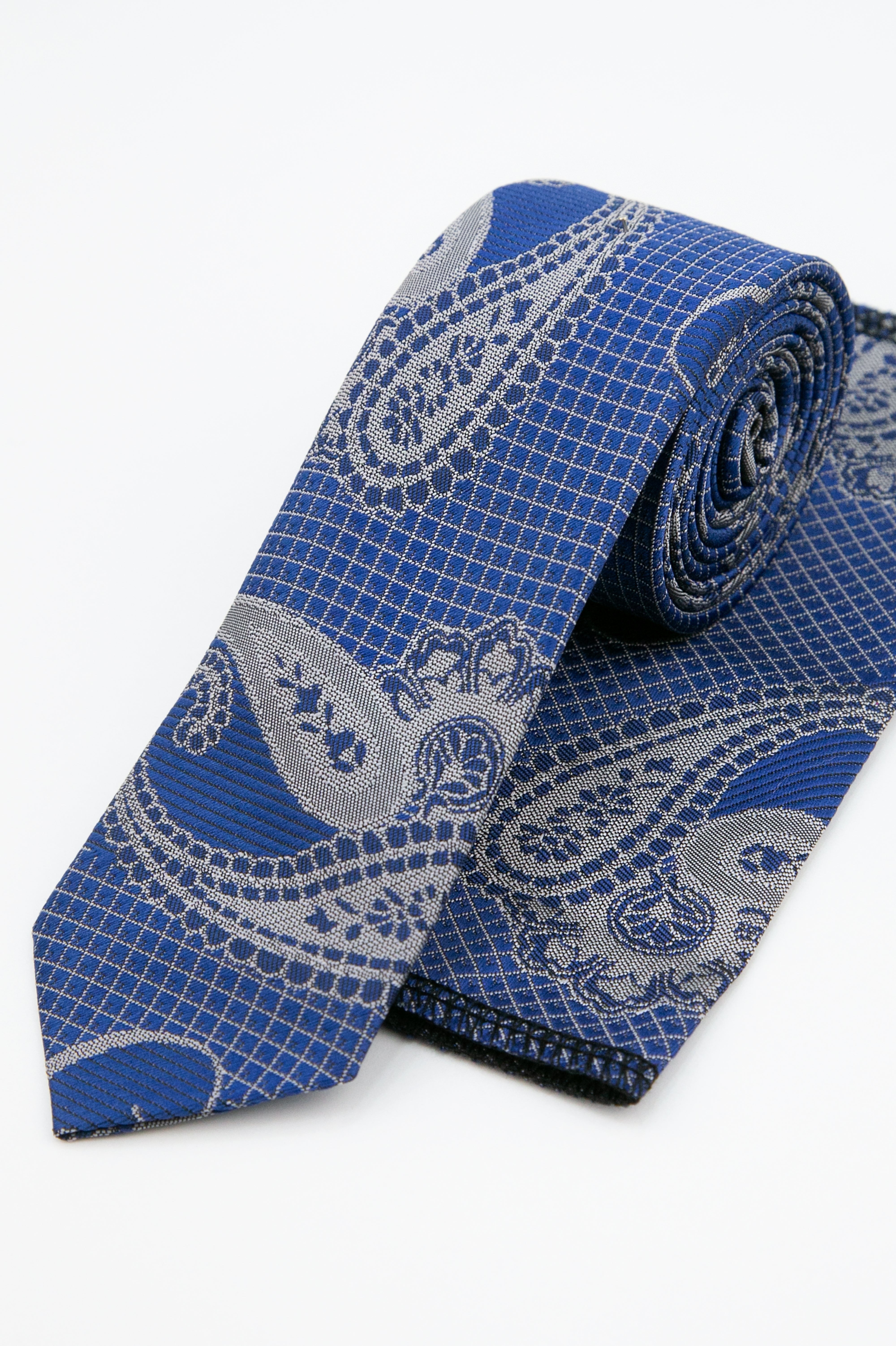 Boys’ Paisley Slim Tie & Pocket Square Set - Blue and Silver Set Picture