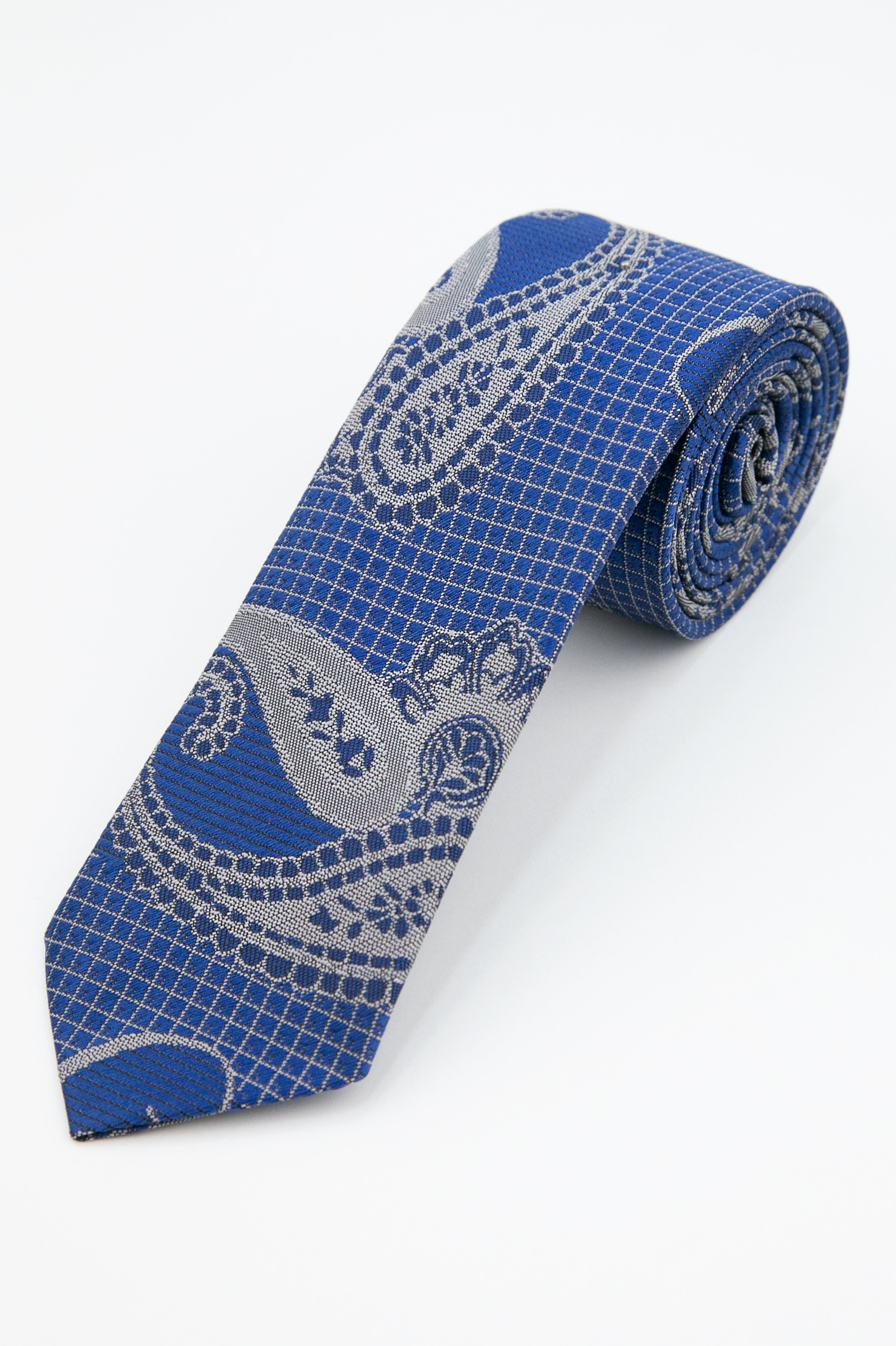 Boys’ Paisley Slim Tie & Pocket Square Set - Blue and Silver Tie Picture