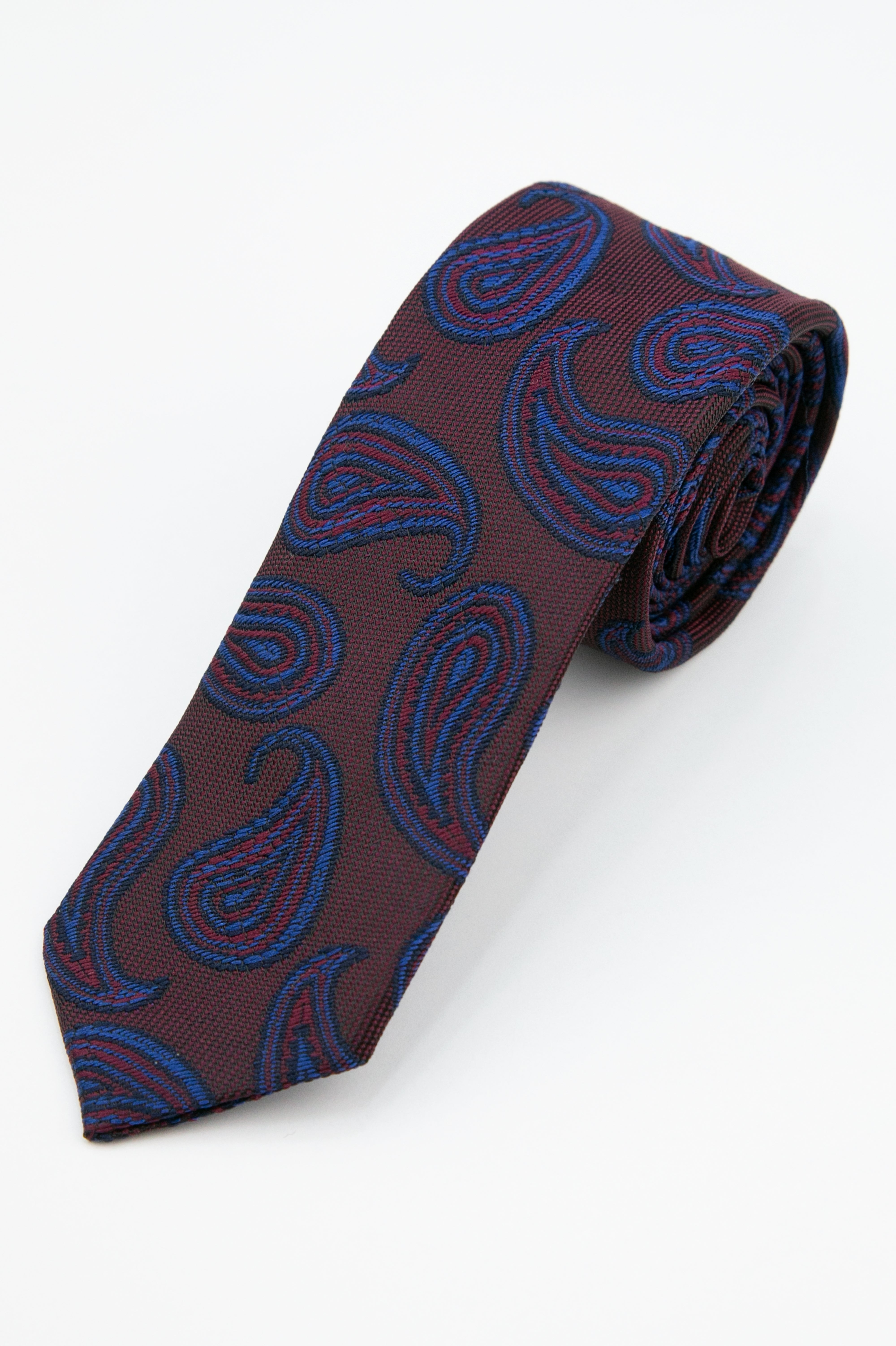 Boys’ Paisley Slim Tie & Pocket Square Set - Burgundy and Navy Tie Picture