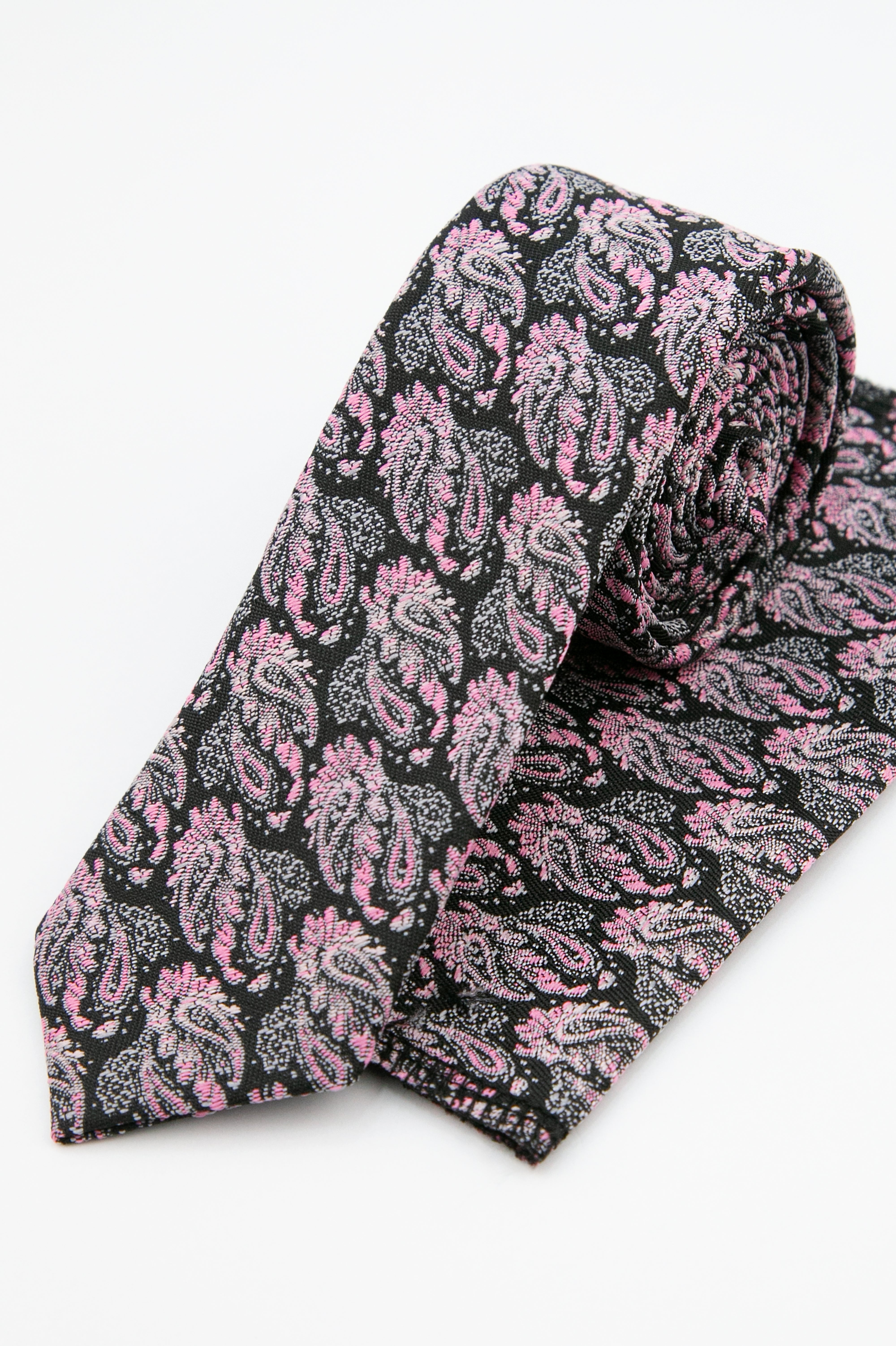 Boys’ Paisley Slim Tie & Pocket Square Set - Pink and Black Set Picture