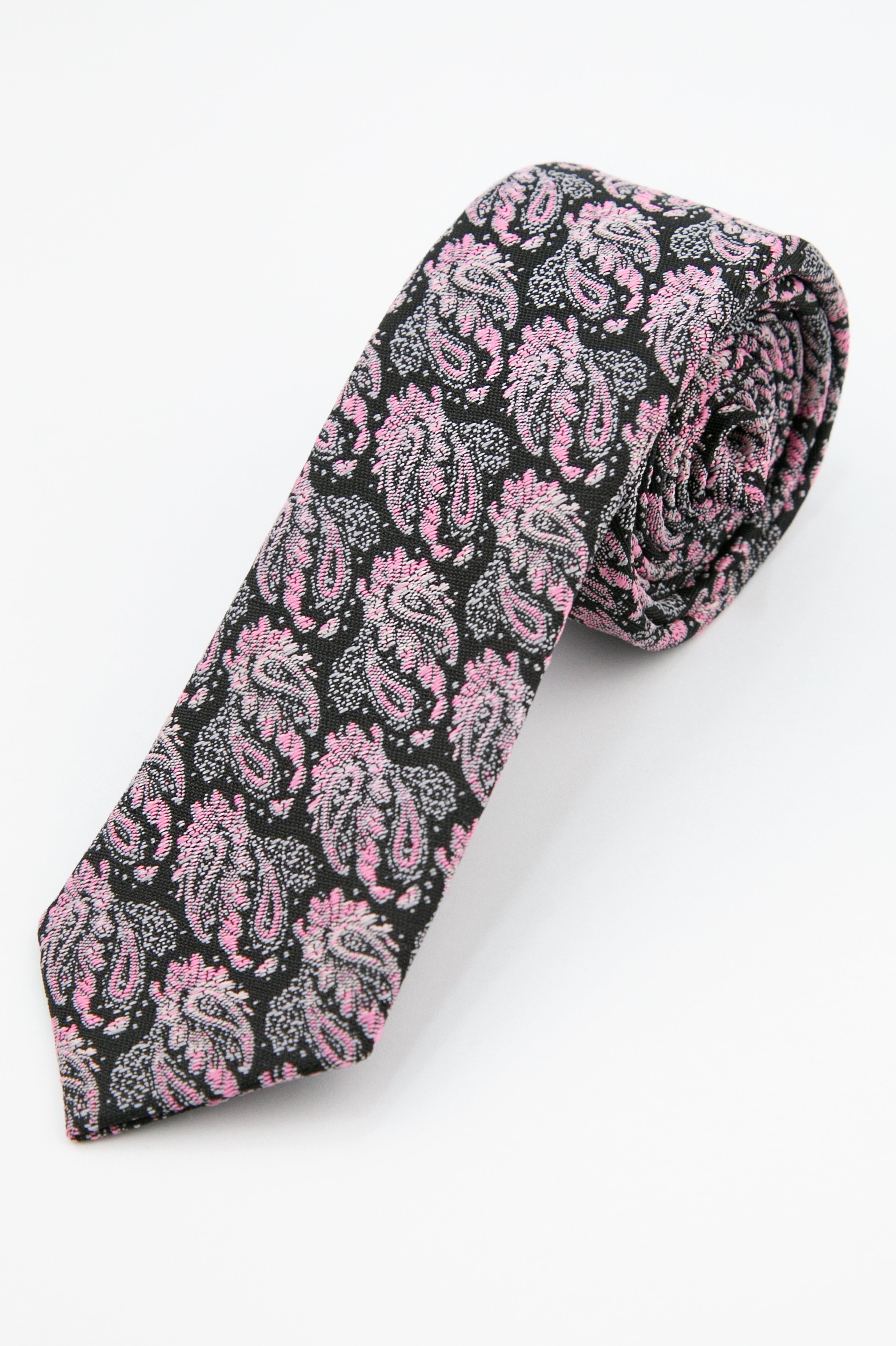 Boys’ Paisley Slim Tie & Pocket Square Set - Pink and Black Tie Picture