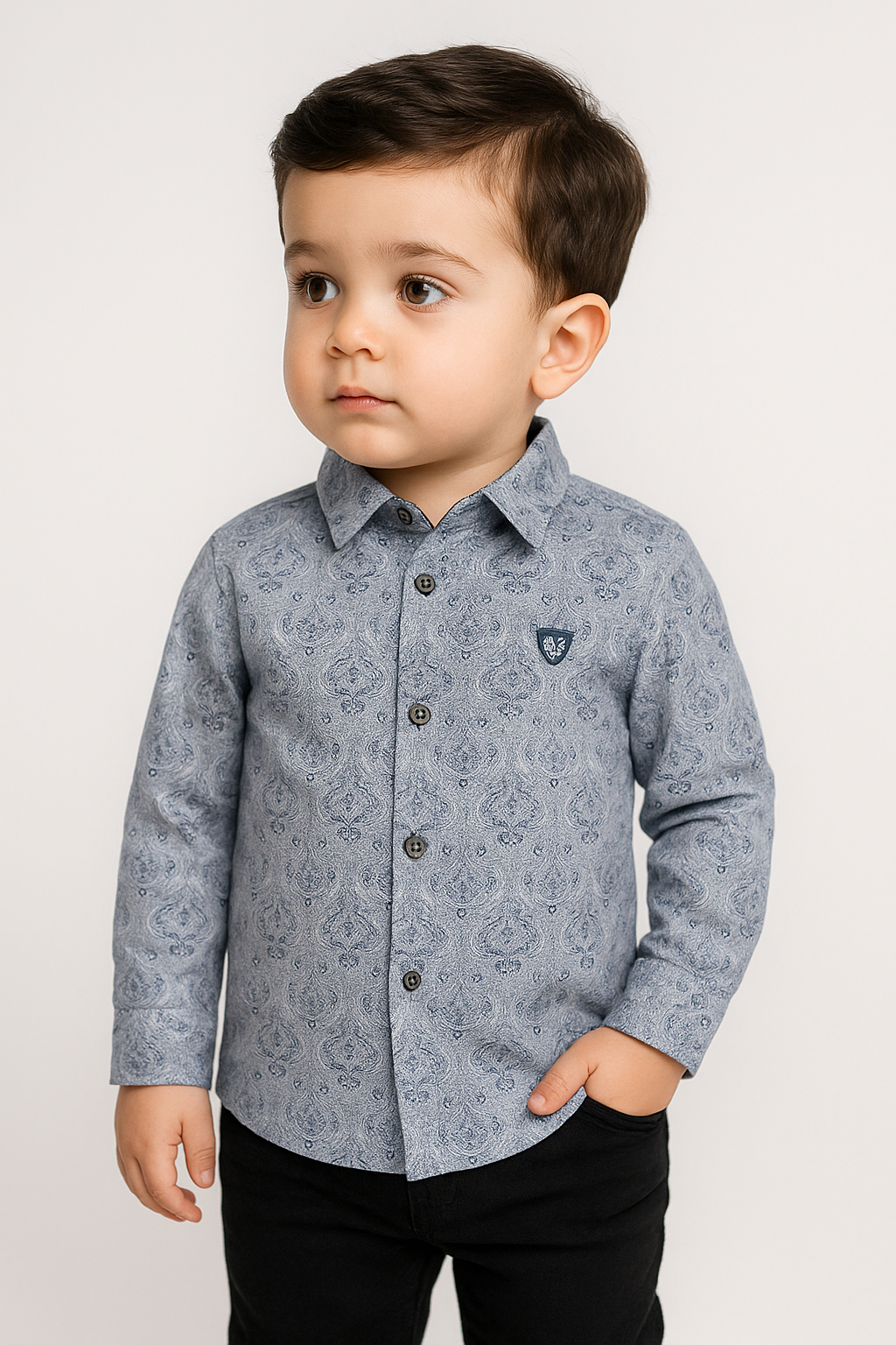 Boys Paisley Patterned Slim Fit Cotton Casual Shirt - Blue - Grey Model Picture
