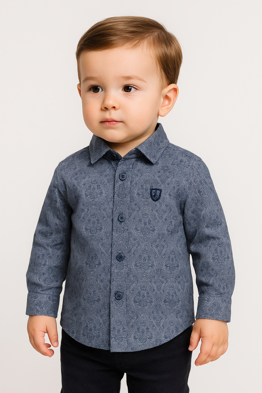 Boys Paisley Patterned Slim Fit Cotton Casual Shirt - Dark Blue - Black Model Picture