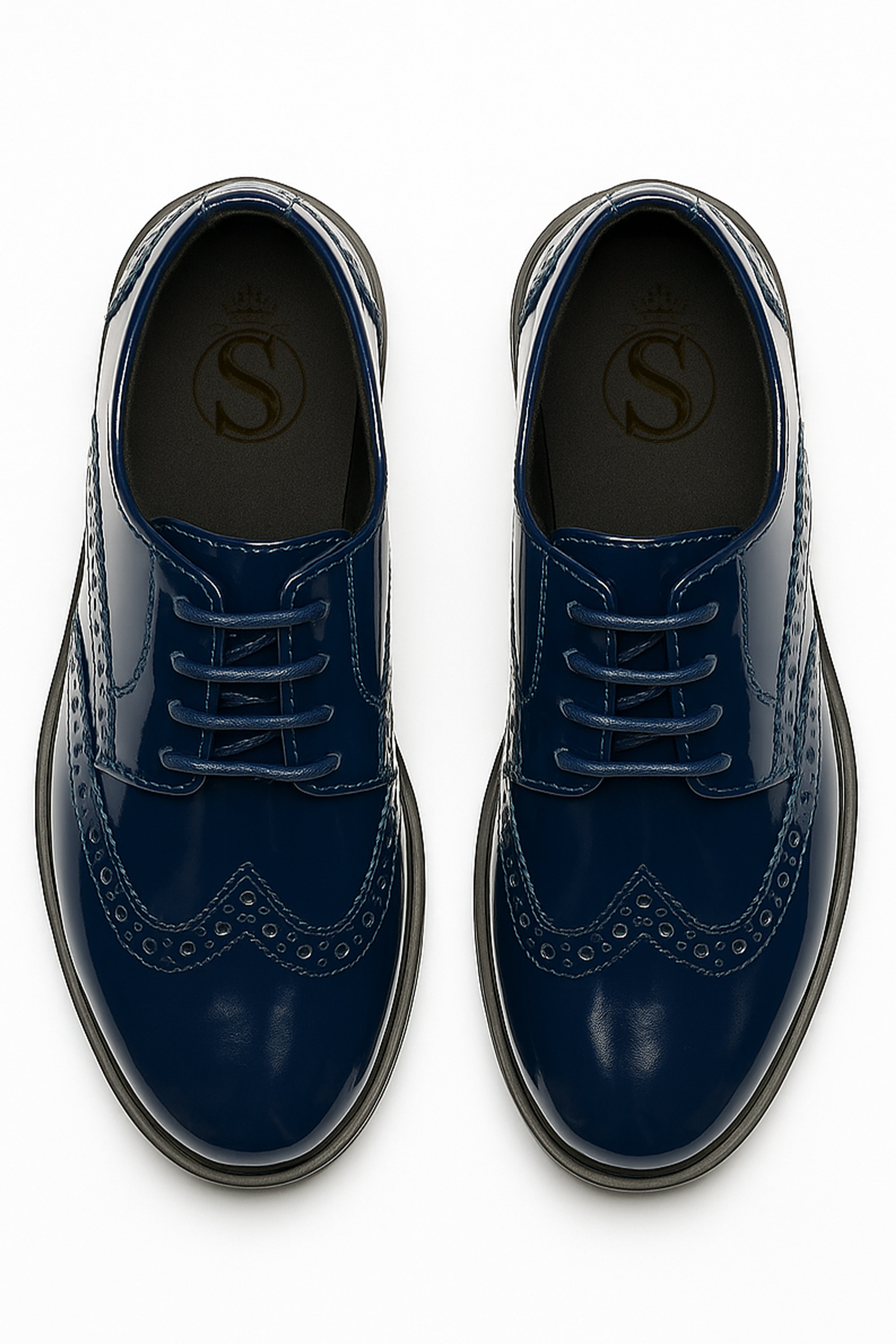 Boys’ Patent Derby Brogue Lace-Up Dress Shoes - Navy Blue Front Picture