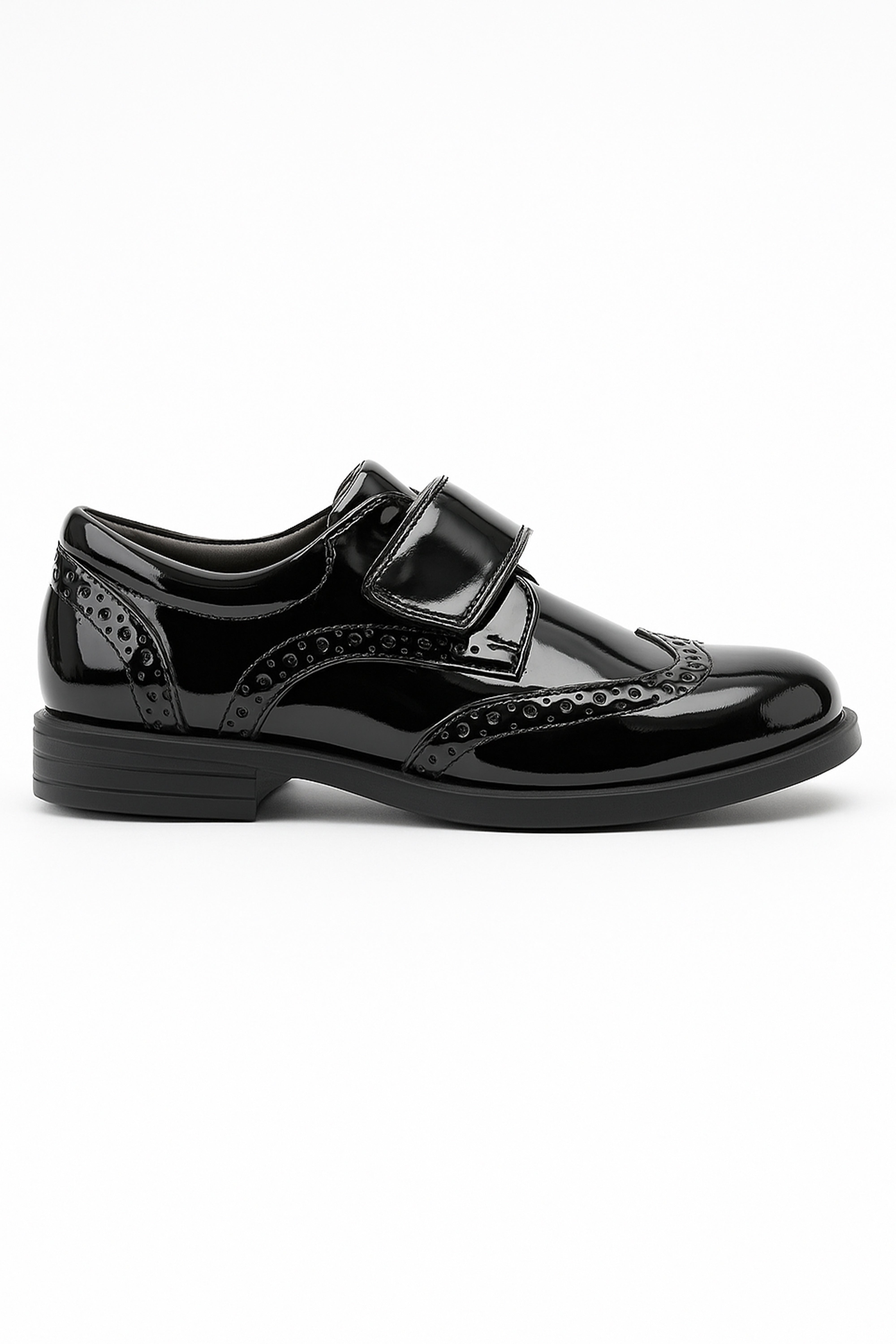 Boys Patent  Brogue Velcro Dress Shoes - Black Side Picture