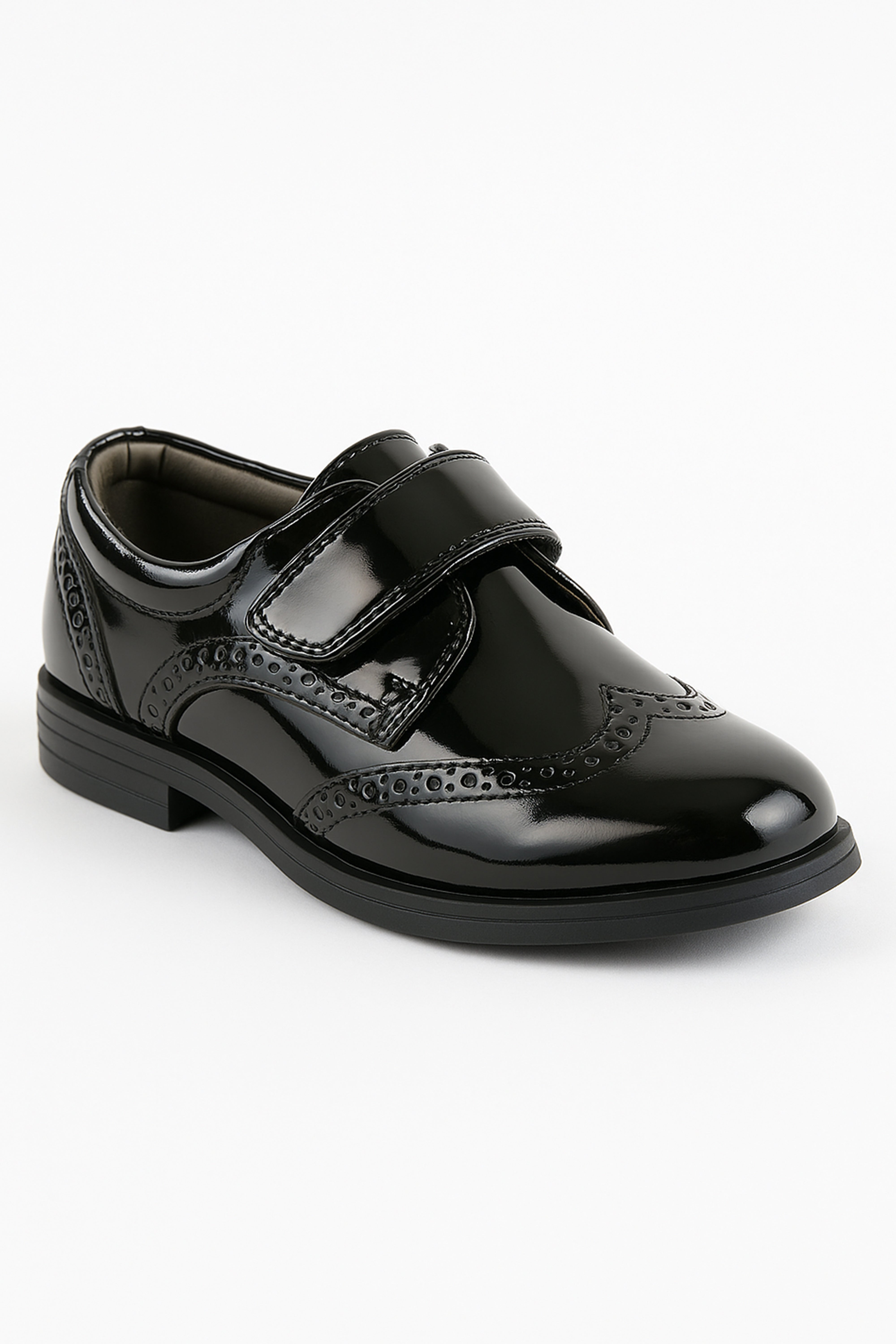 Boys Patent  Brogue Velcro Dress Shoes - Black Side Picture