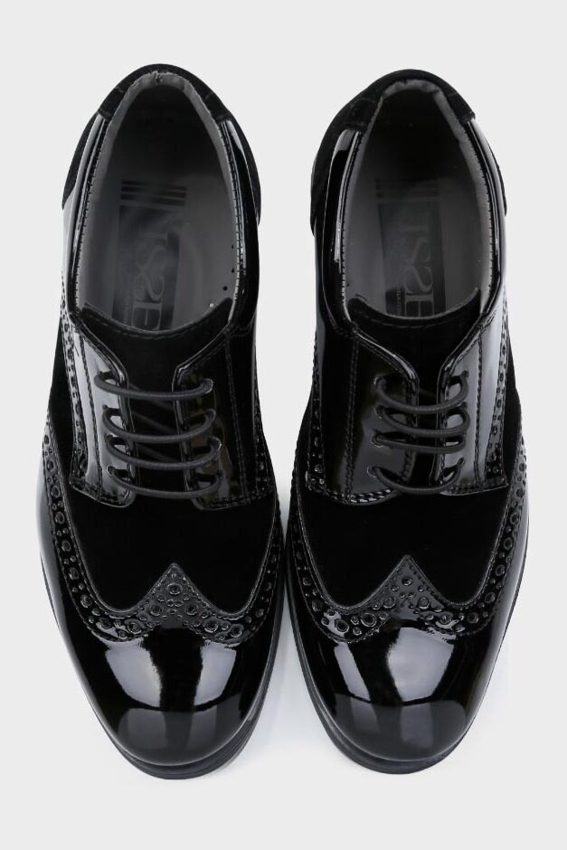 Boys Patent Leather & Suede Lace Up Brogue Derby Shoes - Black