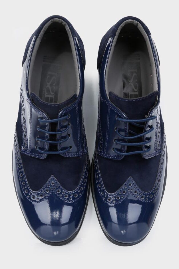 Boys Patent Leather & Suede Lace Up Brogue Derby Shoes - Navy Blue
