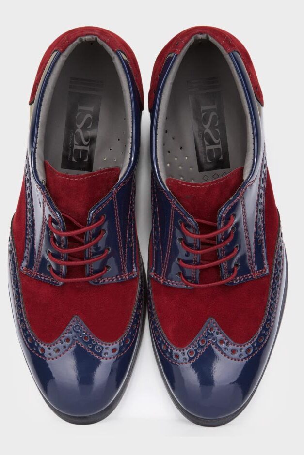 Boys Patent Leather & Suede Lace Up Brogue Derby Shoes - Navy Blue - Burgundy
