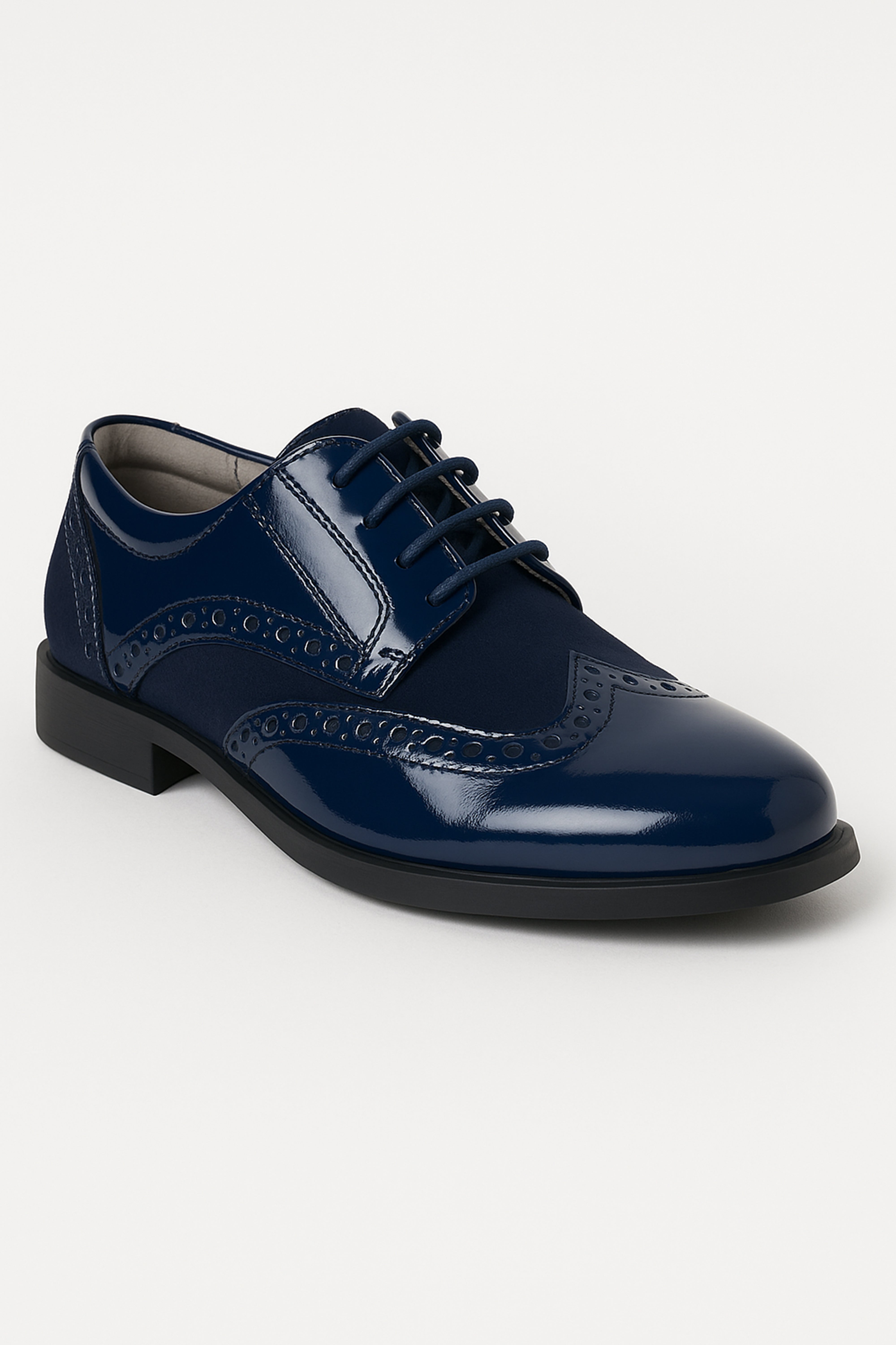 Boys Patent Leather & Suede Lace Up Brogue Derby Shoes - Navy Blue Side Picture