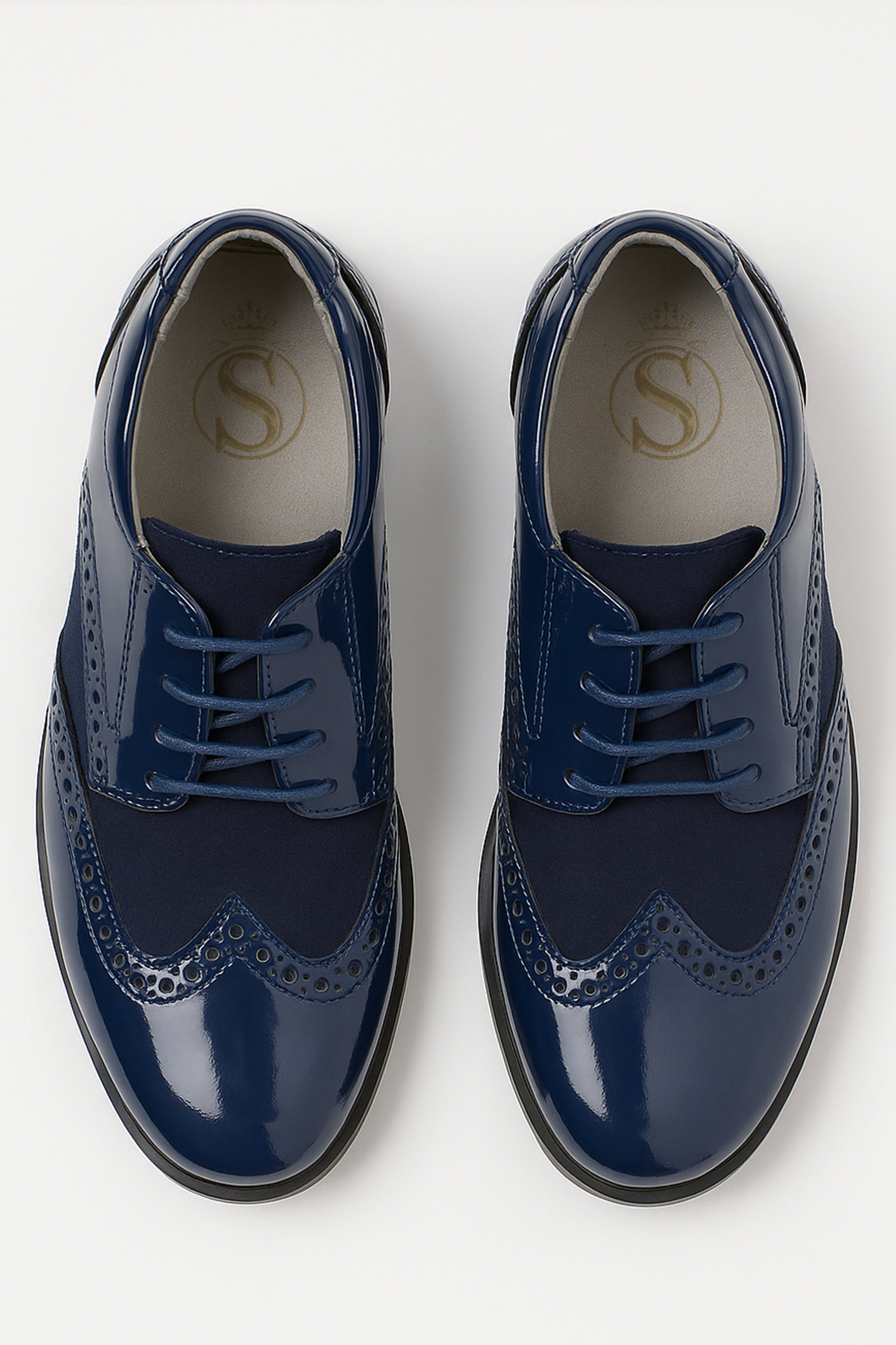 Boys Patent Leather & Suede Lace Up Brogue Derby Shoes - Navy Blue Front Picture