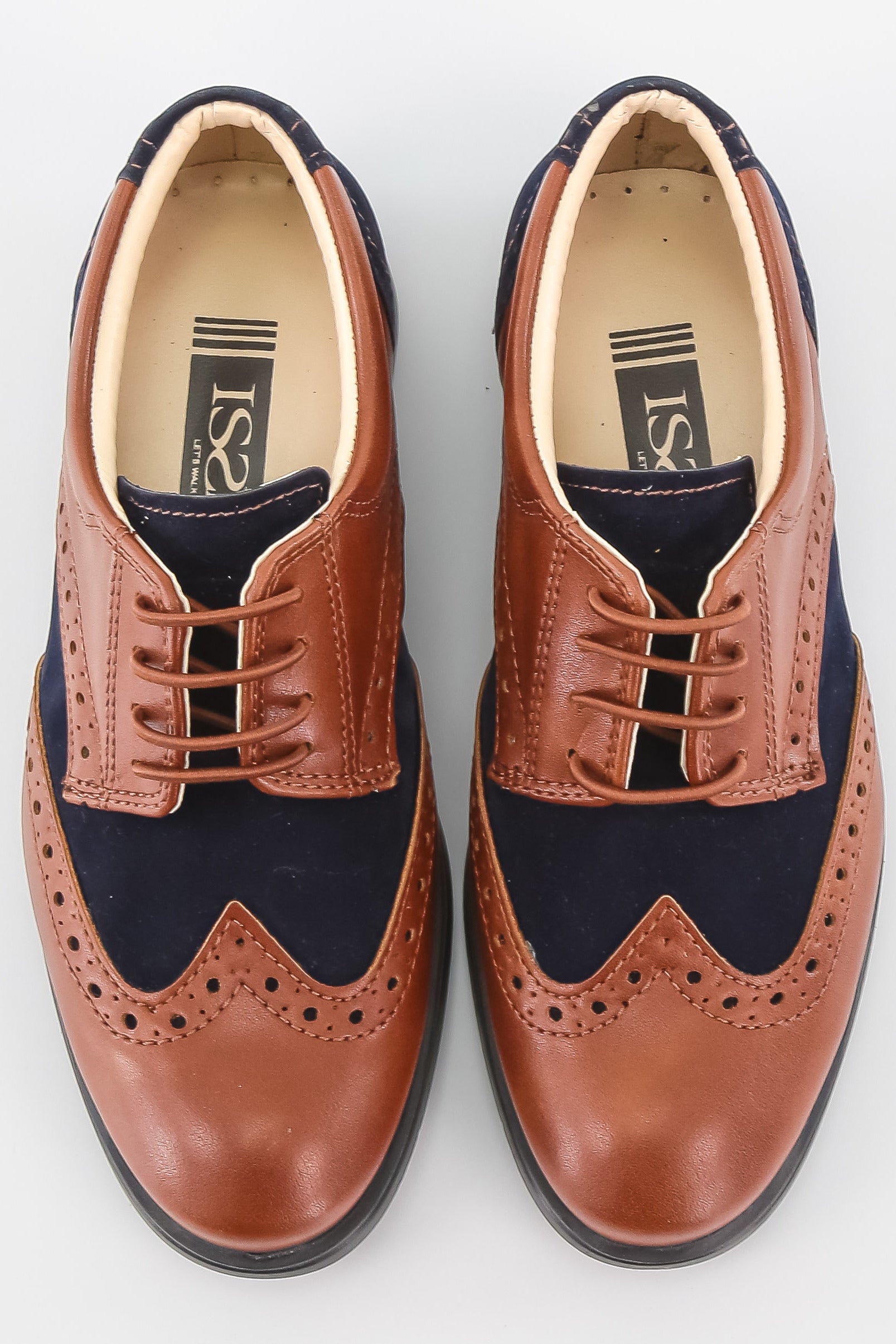 Boys Patent Leather & Suede Lace Up Brogue Derby Shoes - Tan Brown - Navy Blue