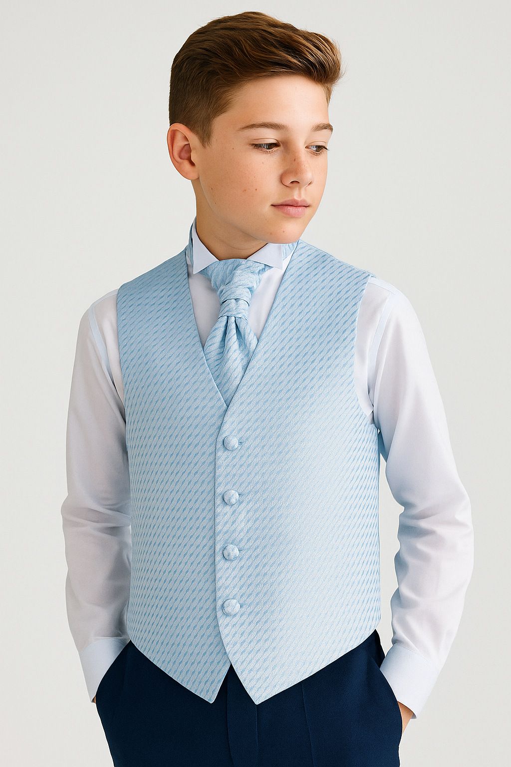 Boys Patterned Waistcoat Cravat Hanky Set - Baby Blue