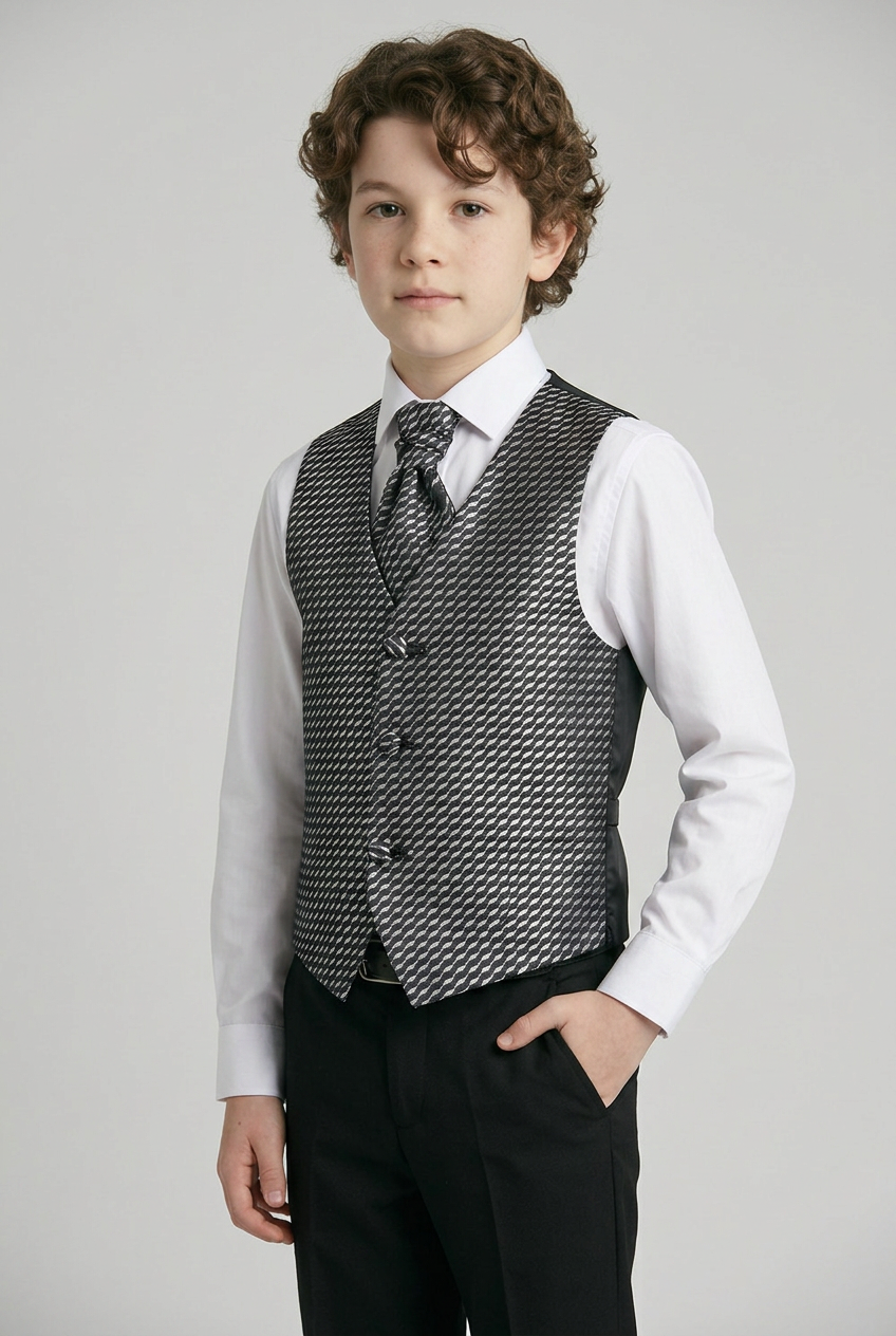 Boys Patterned Waistcoat Cravat Hanky Set - Black