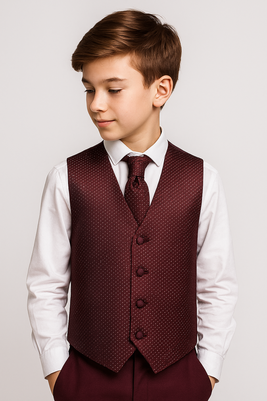 Boys Patterned Waistcoat Cravat Hanky Set - Burgundy