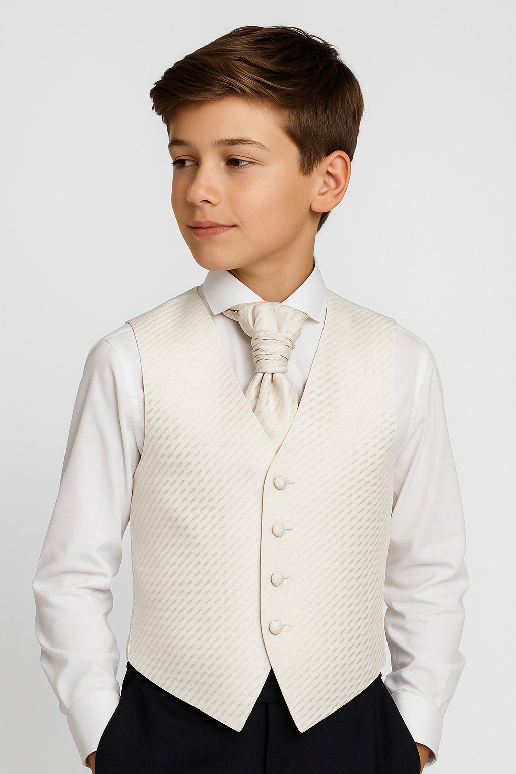 Boys Patterned Waistcoat Cravat Hanky Set - Cream - Ivory