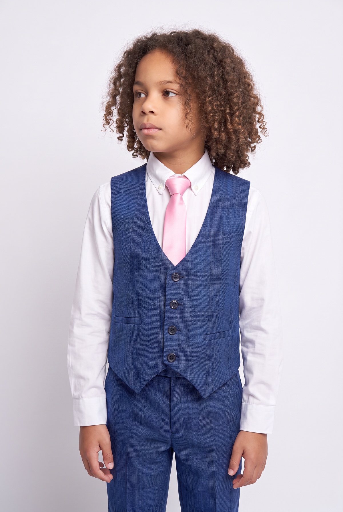 Boys Plaid Check Tailored Fit Blue Suit - LIONEL - Mid Blue