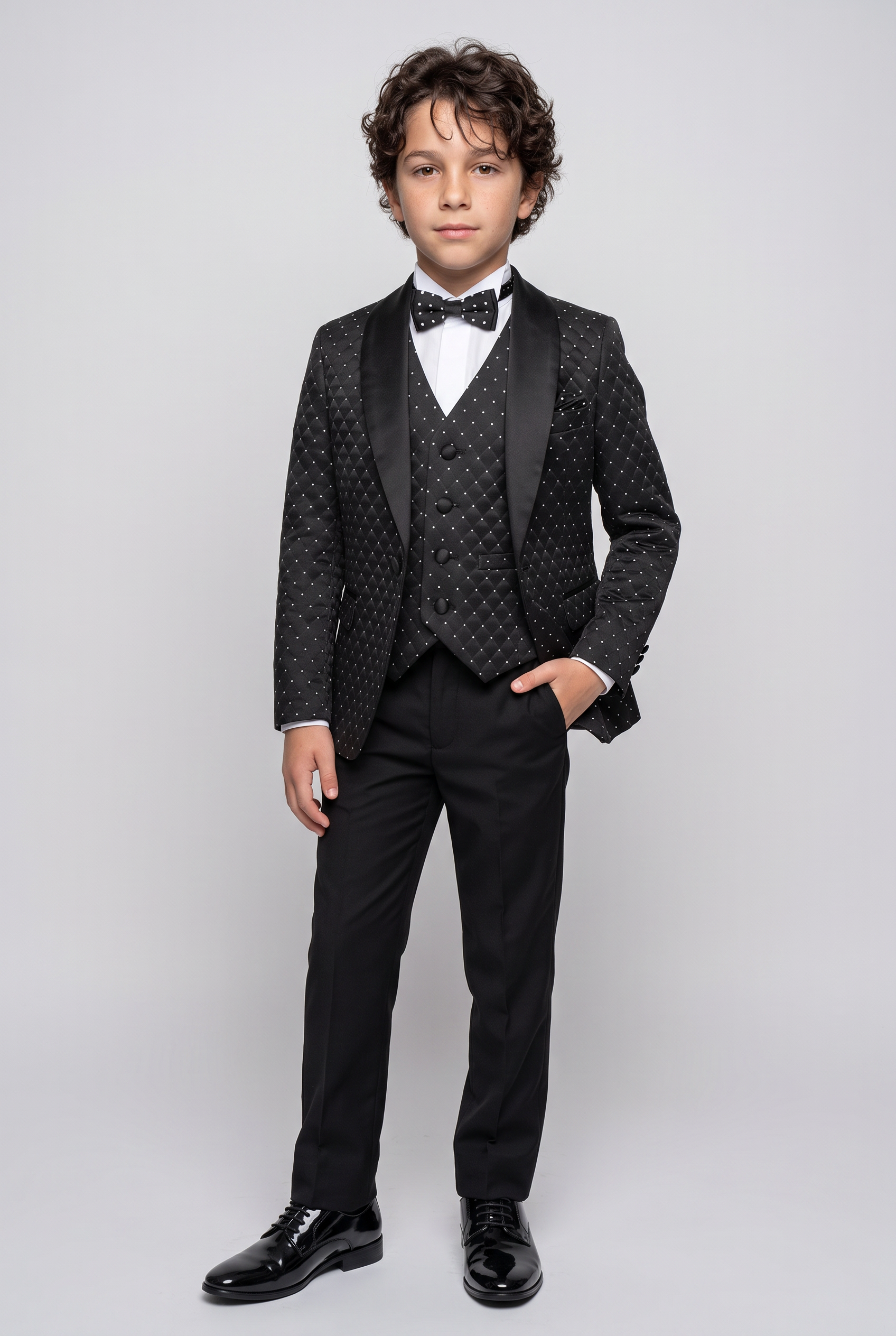 Boys Quilted Dotted Black Tuxedo Suit