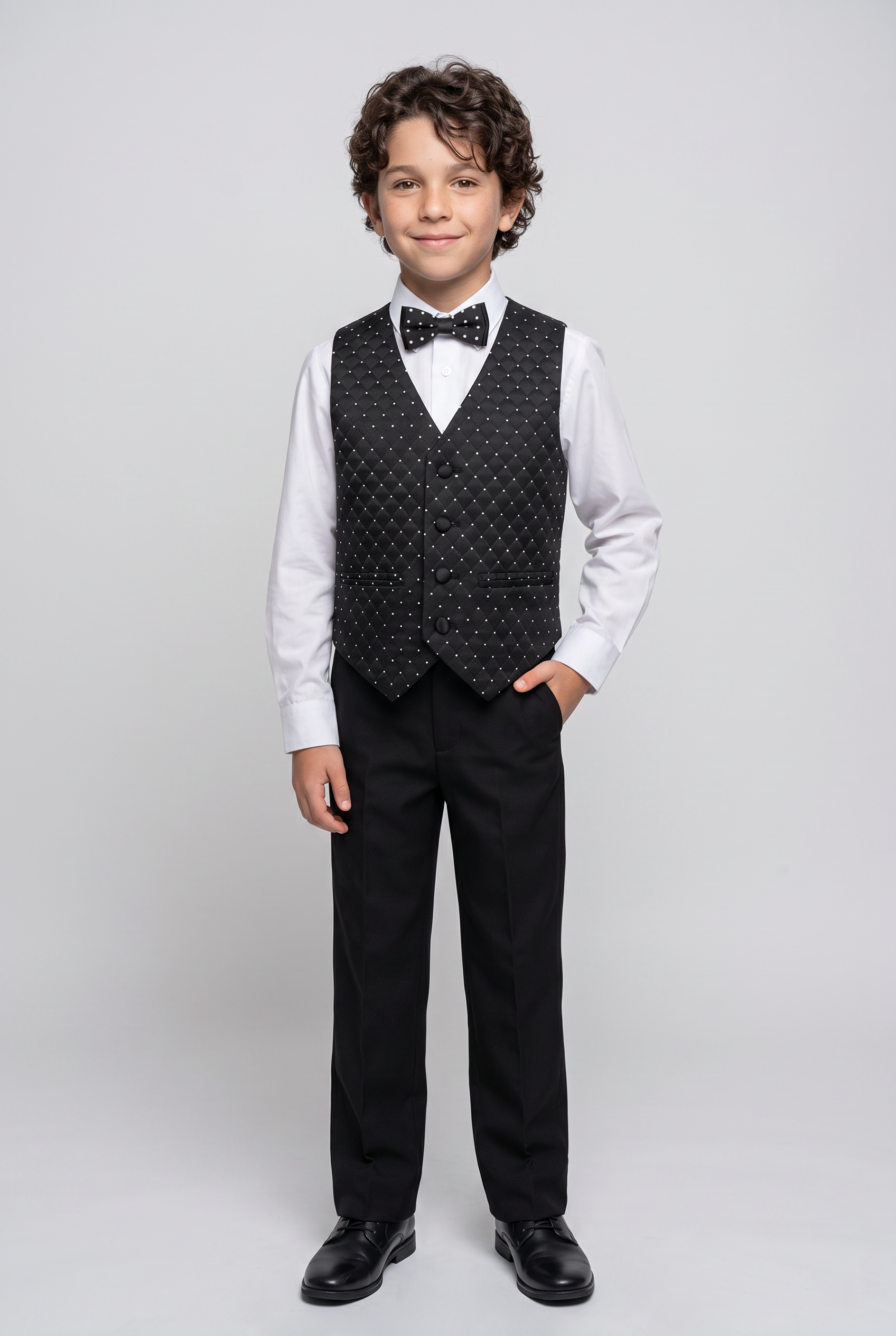 Boys Quilted Dotted Black Tuxedo Suit