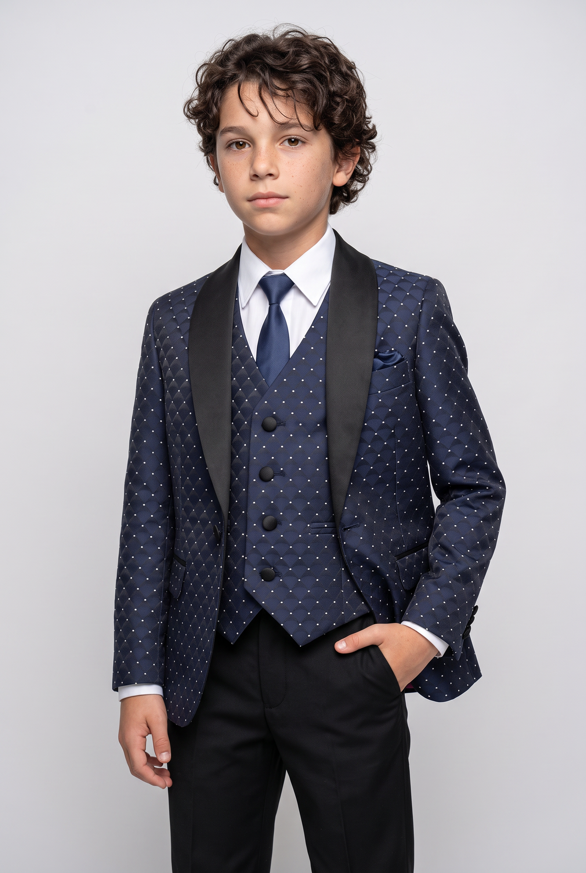 Boys Quilted Dotted Navy Tuxedo Suit