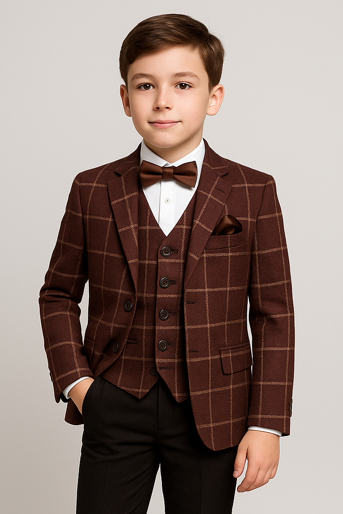 Boys Retro Windowpane Tailored Fit Check Suit - Maroon