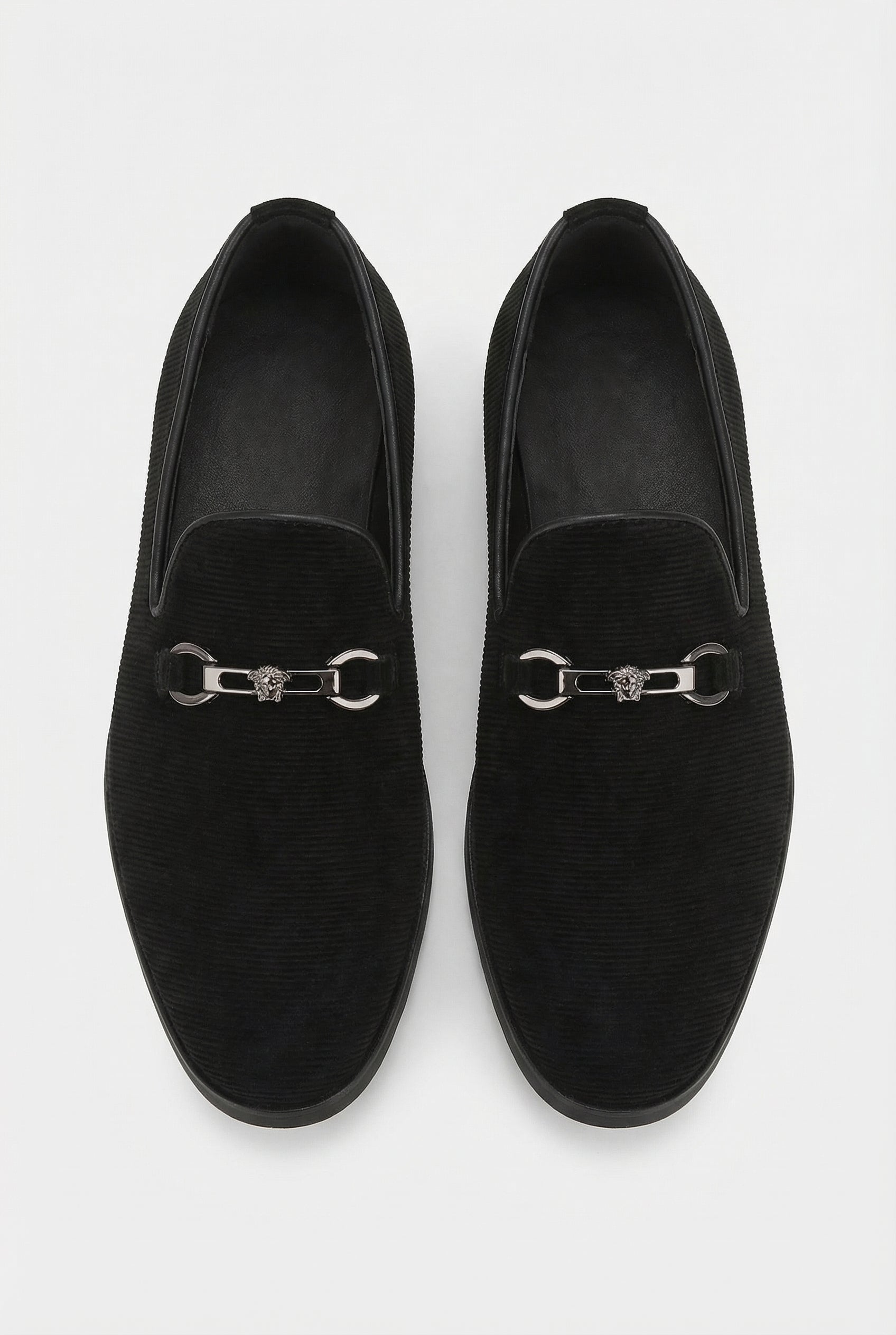 Boys Ribbed Velvet Loafer Shoes with Horsebit Detail - Davis Black Front Picture