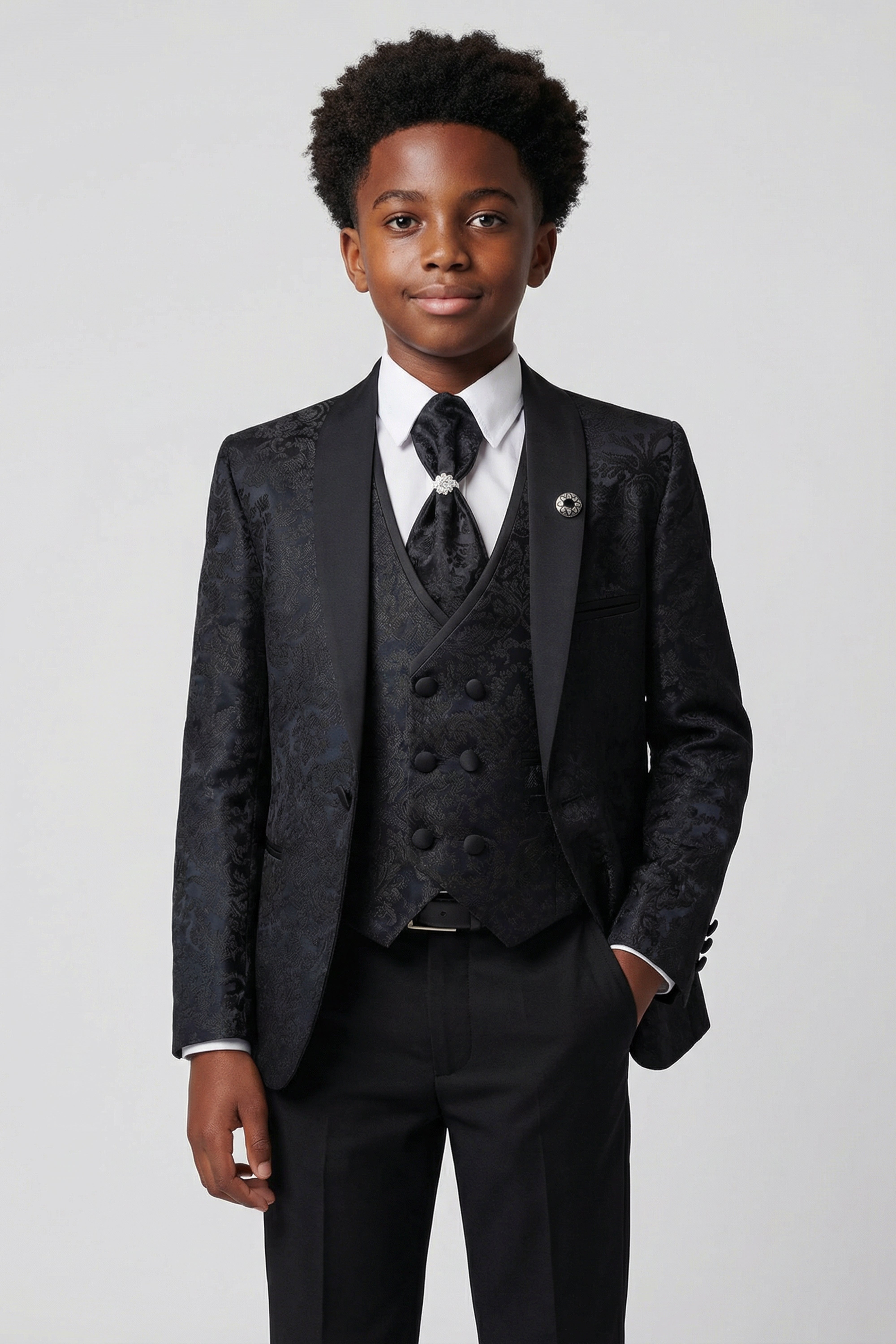 Boys Satin Lapel Paisley Floral Tuxedo Suit Set - Black