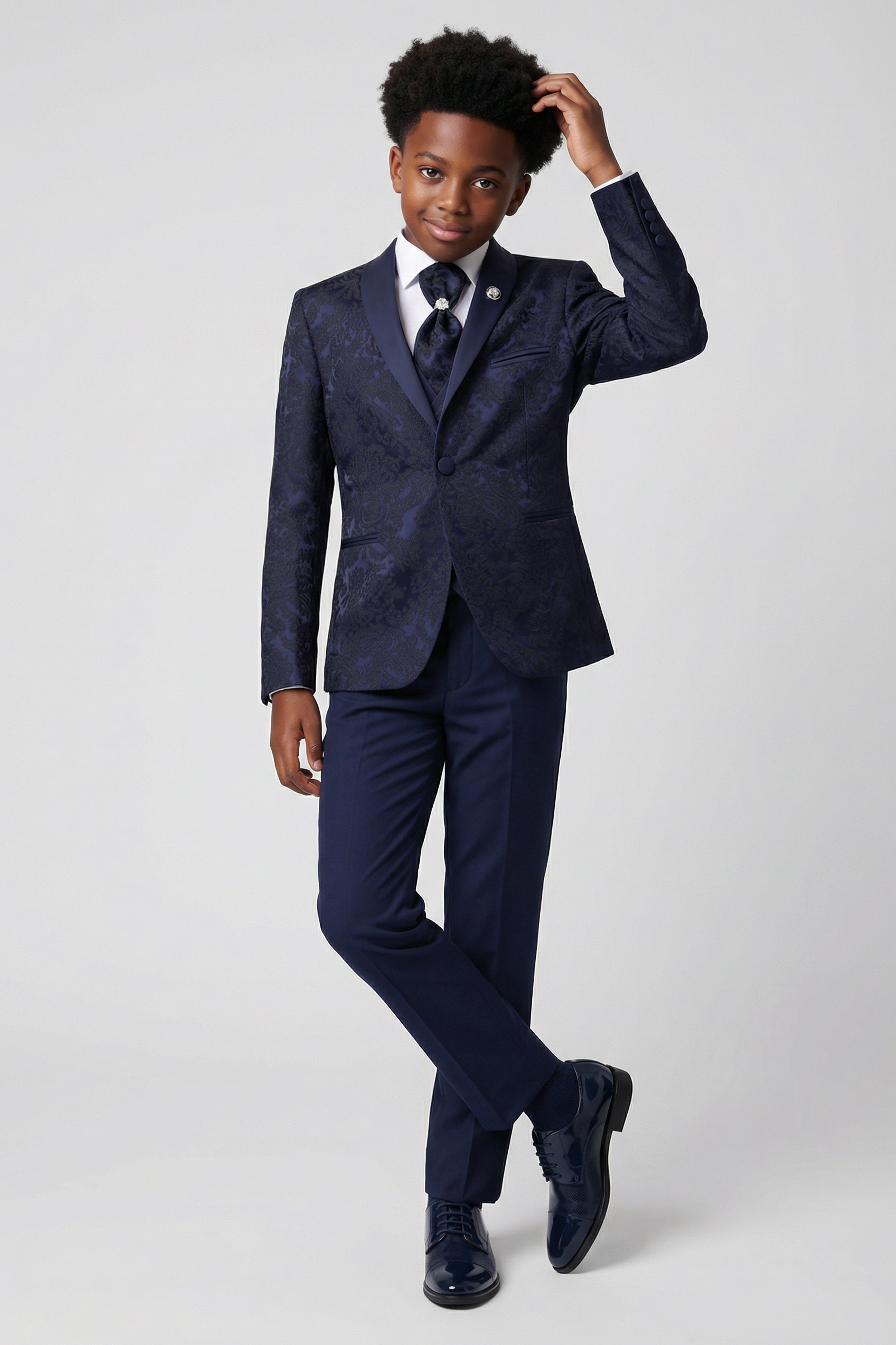 Boys Satin Lapel Paisley Floral Tuxedo Suit Set - Navy