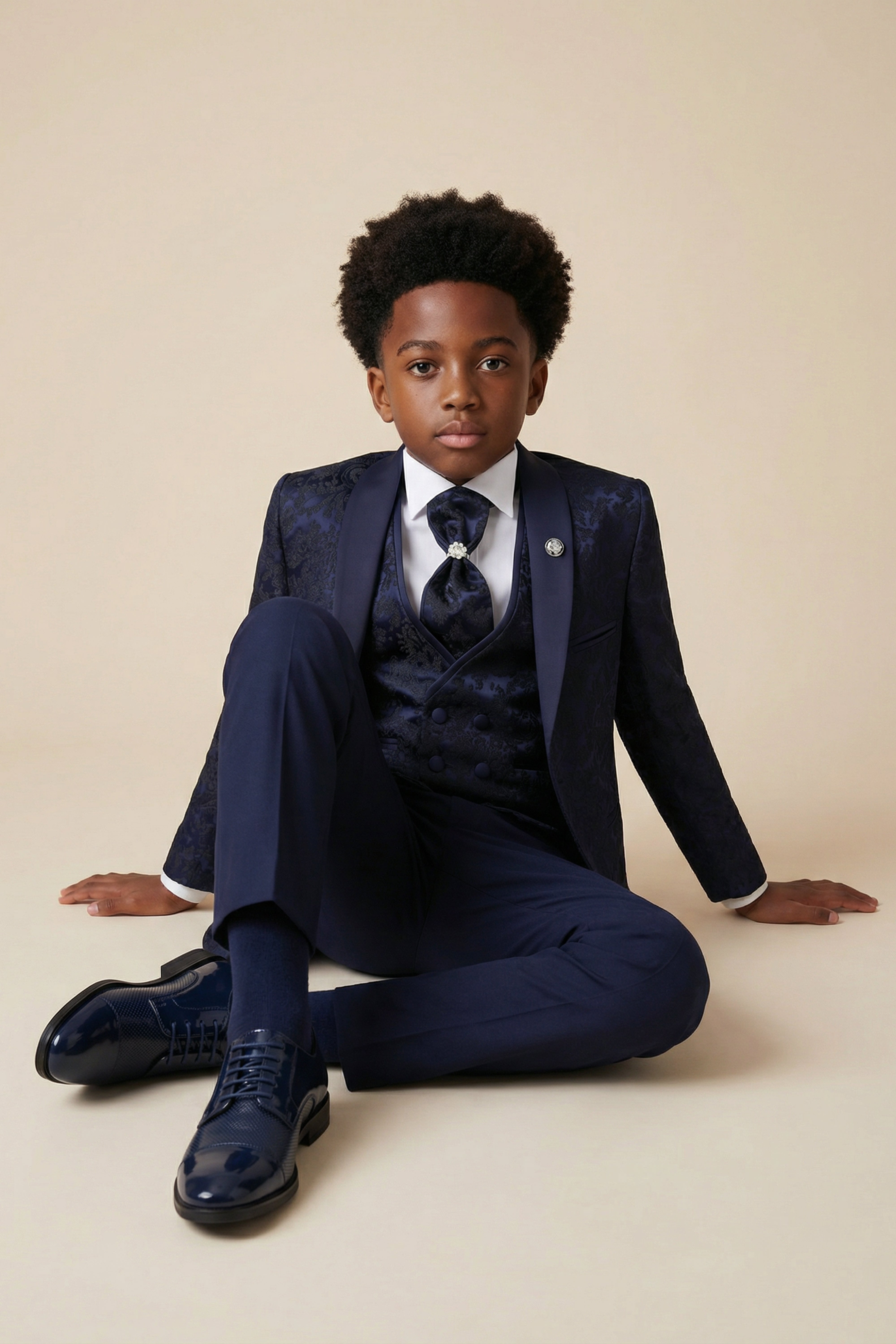Boys Satin Lapel Paisley Floral Tuxedo Suit Set - Navy