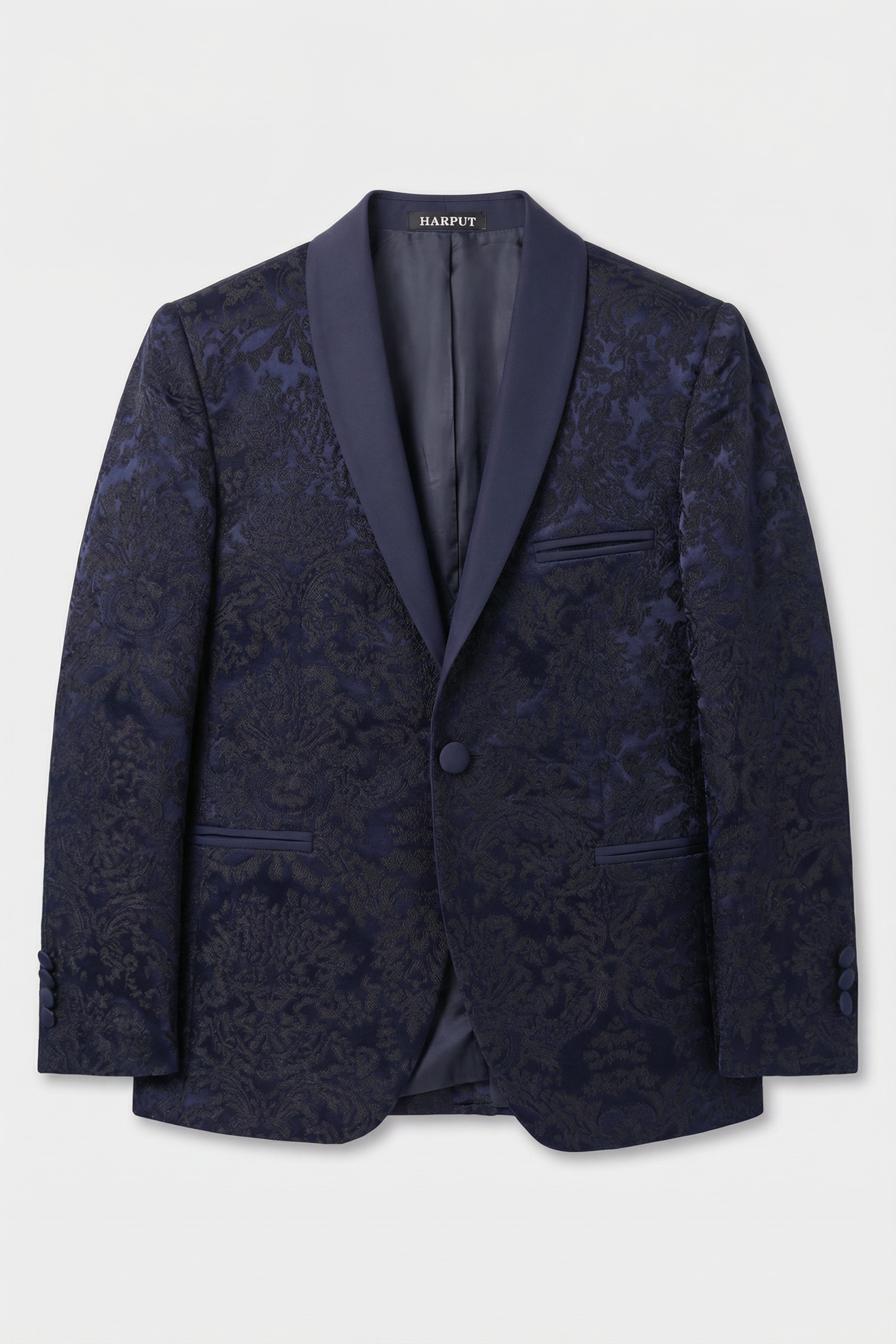 Boys Satin Lapel Paisley Floral Tuxedo Suit Set - Navy