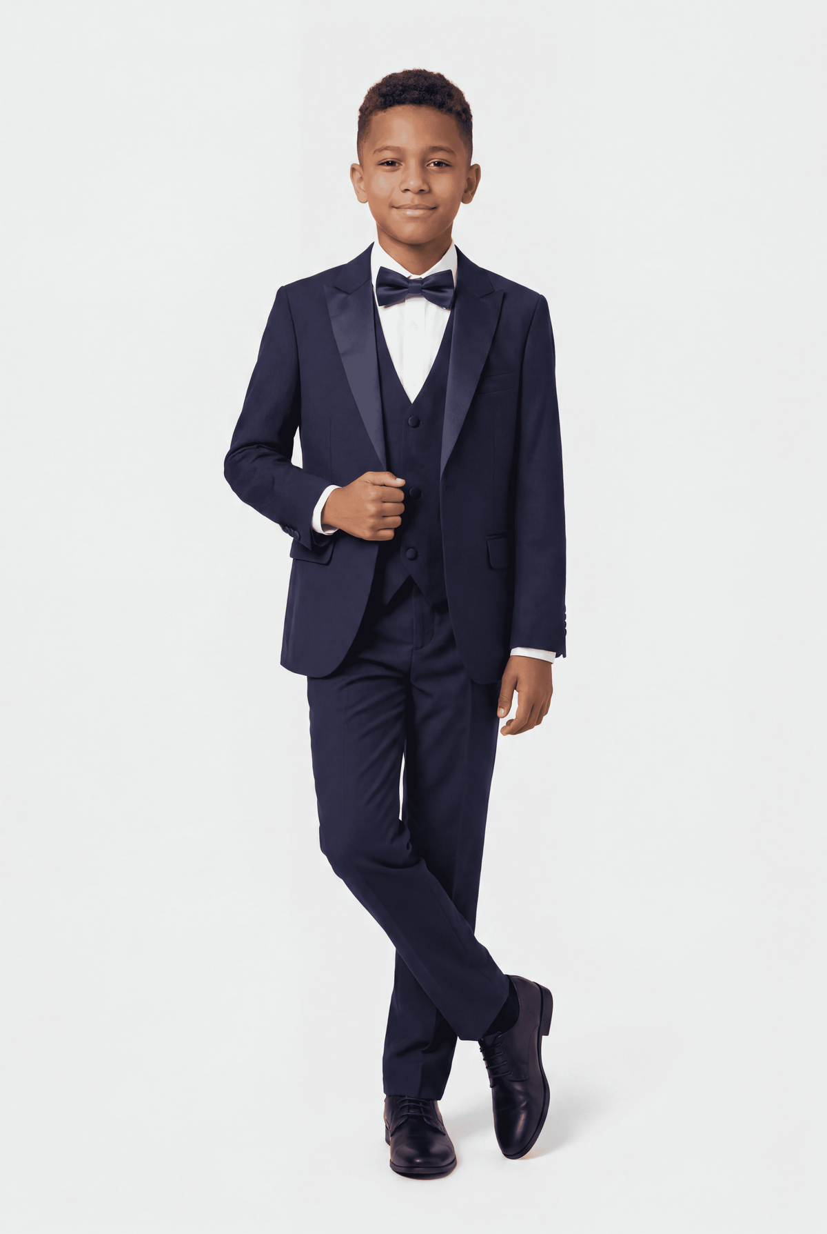 Boys Satin Lapel Tuxedo Suit - 4-Piece or 5-Piece with Cufflink Shirt - Navy Model Front Picture