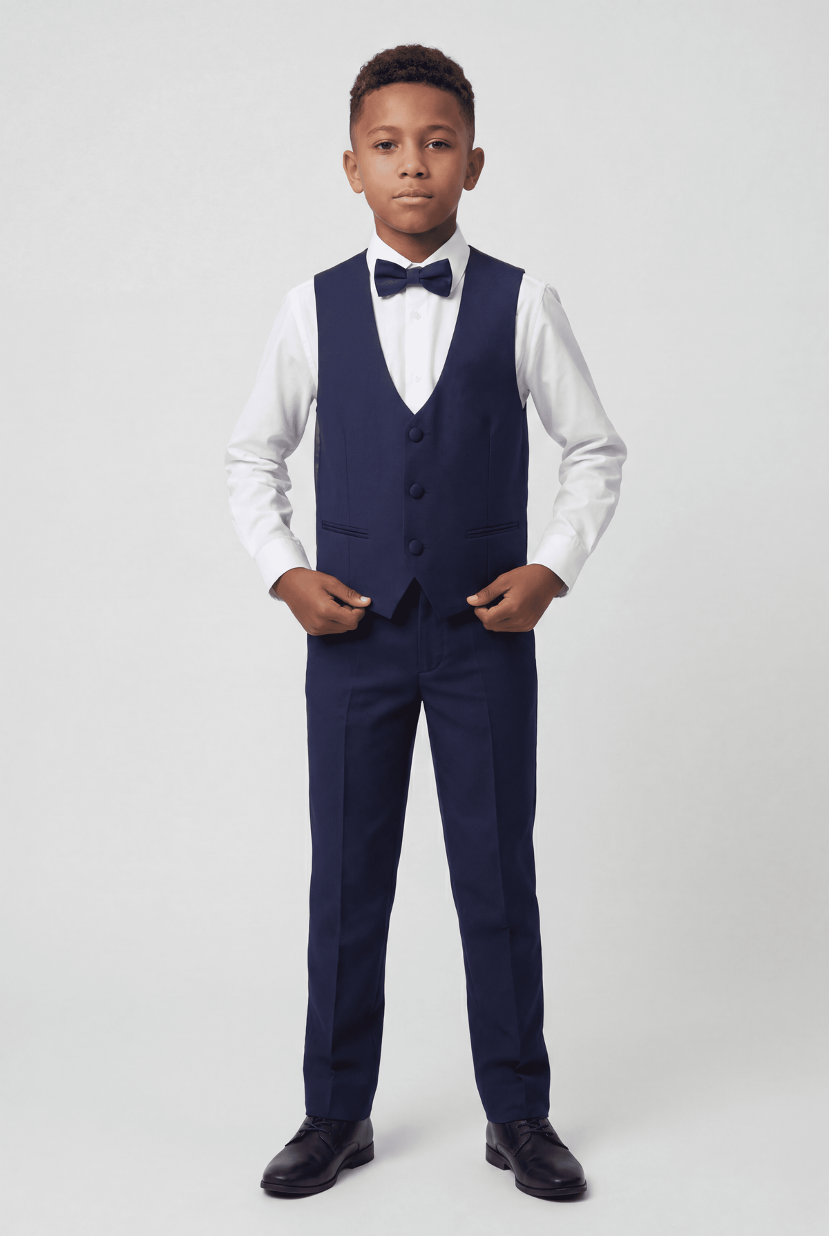 Boys Satin Lapel Tuxedo Suit - 4-Piece or 5-Piece with Cufflink Shirt - Navy Model Waistcoat Picture