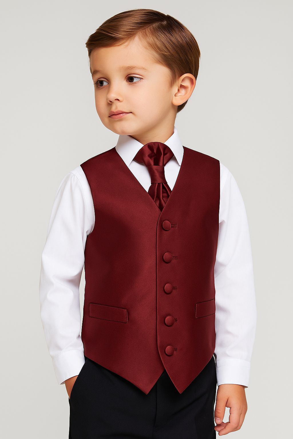 Boys Satin Waistcoat & Cravat Set - Burgundy  Model Picture