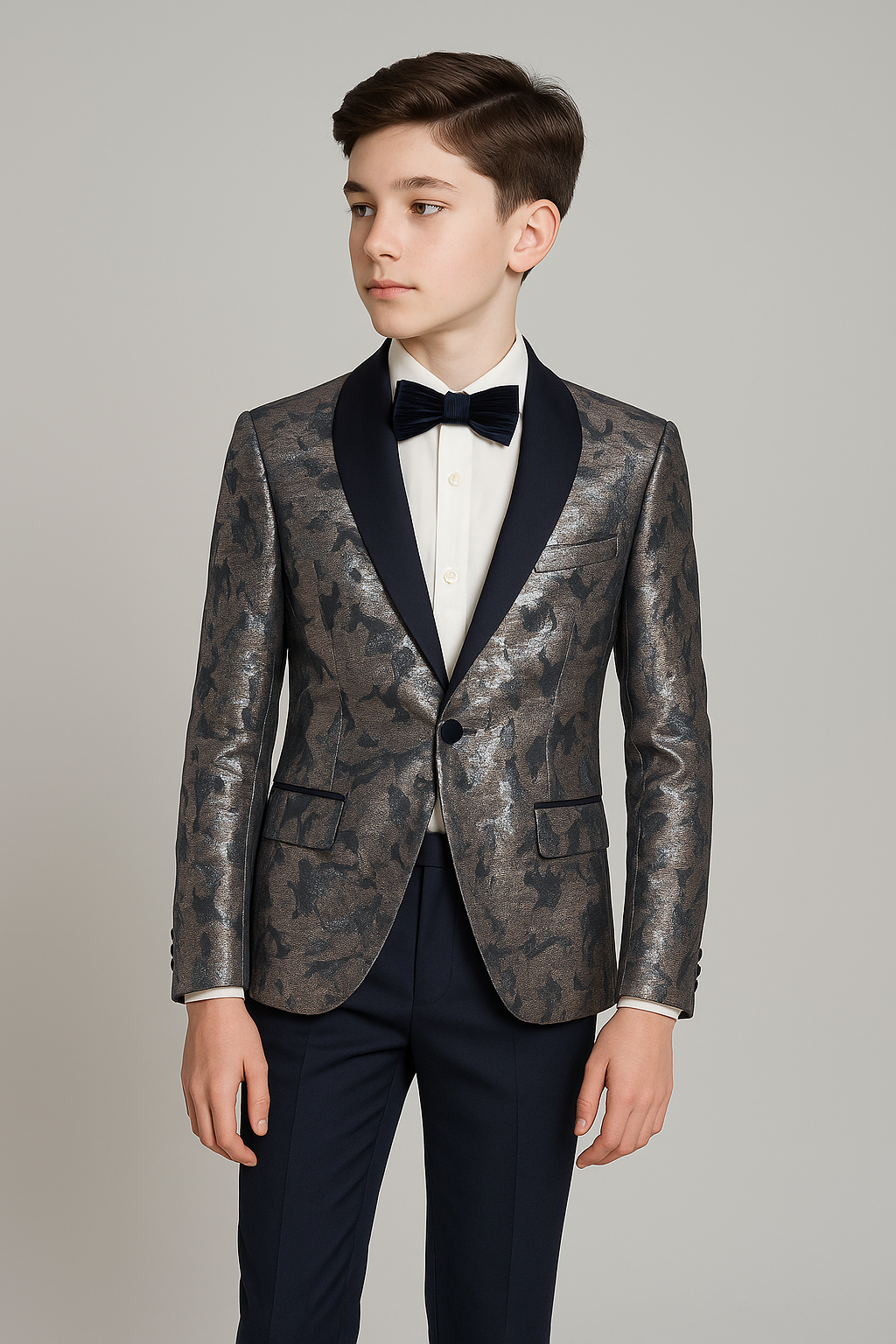 Boys Shimmery Patterned Tuxedo Suit - Gold - Silver Model Picture