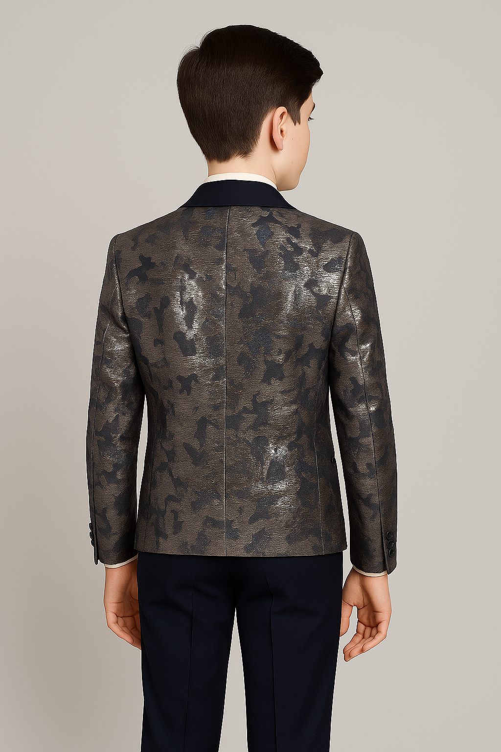 Boys Shimmery Patterned Tuxedo Suit - Gold - Silver Back Picture