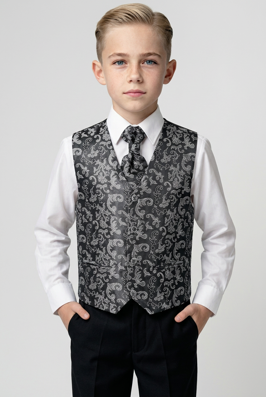 Boys Silver Shiny Paisley 4-Piece Waistcoat Suit - Silver