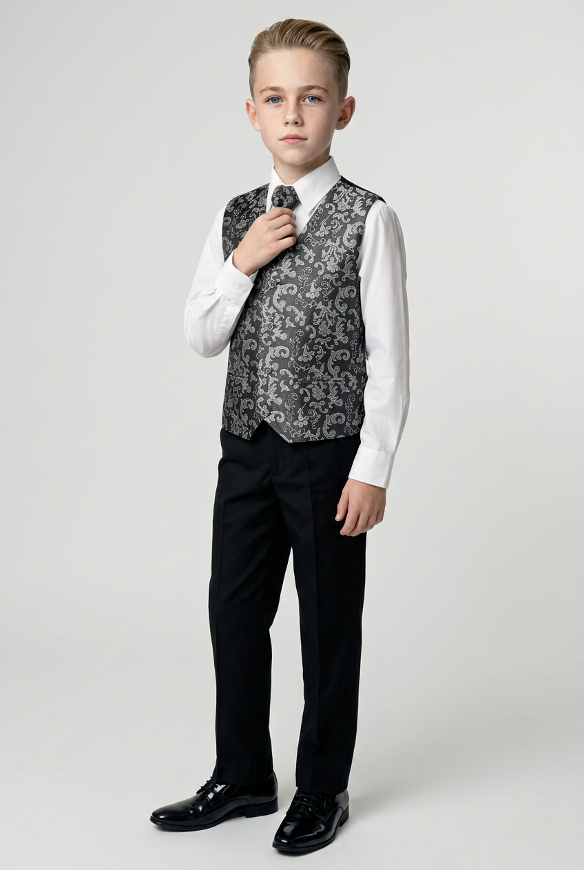 Boys Silver Shiny Paisley 4-Piece Waistcoat Suit - Silver
