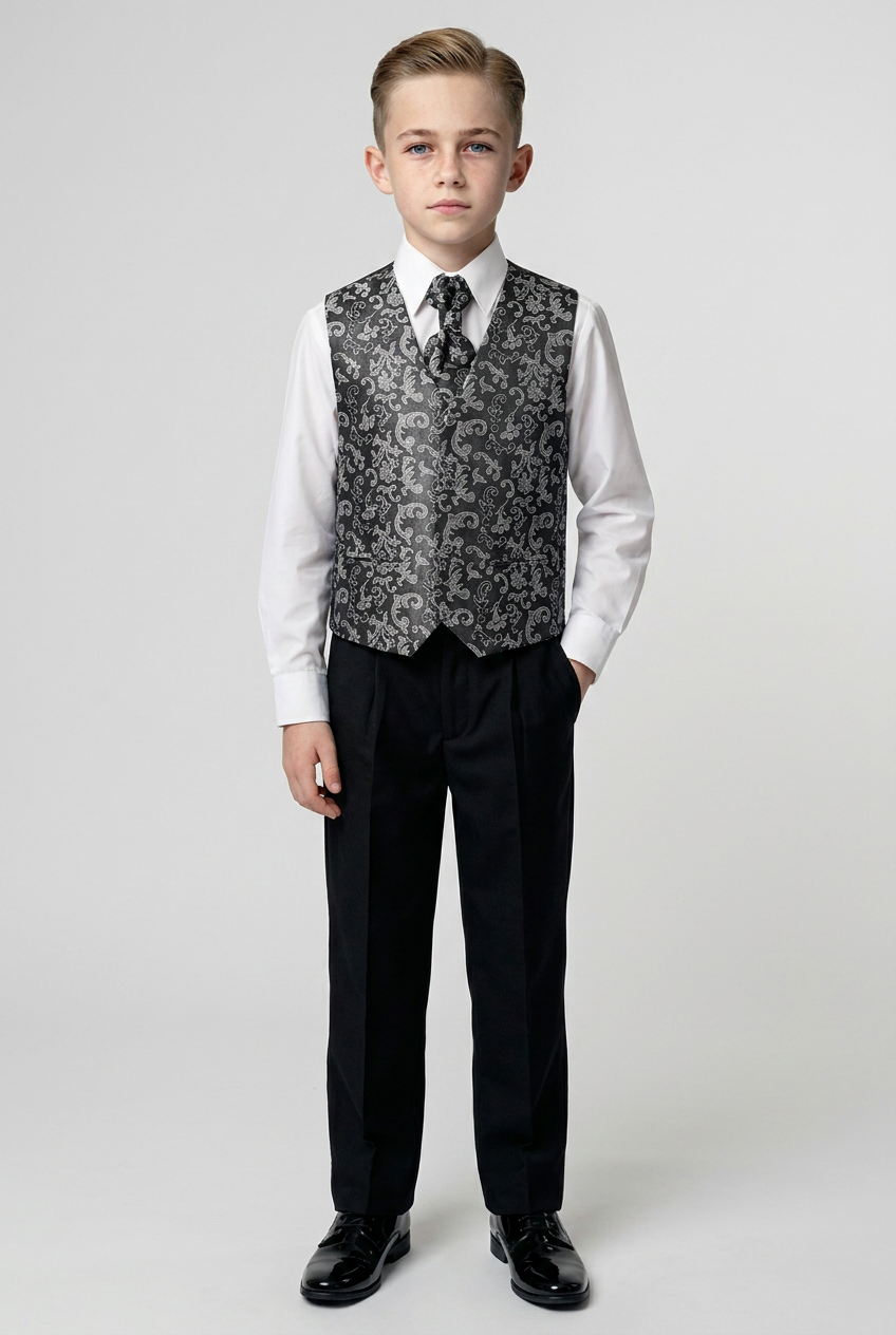 Boys Silver Shiny Paisley 4-Piece Waistcoat Suit - Silver