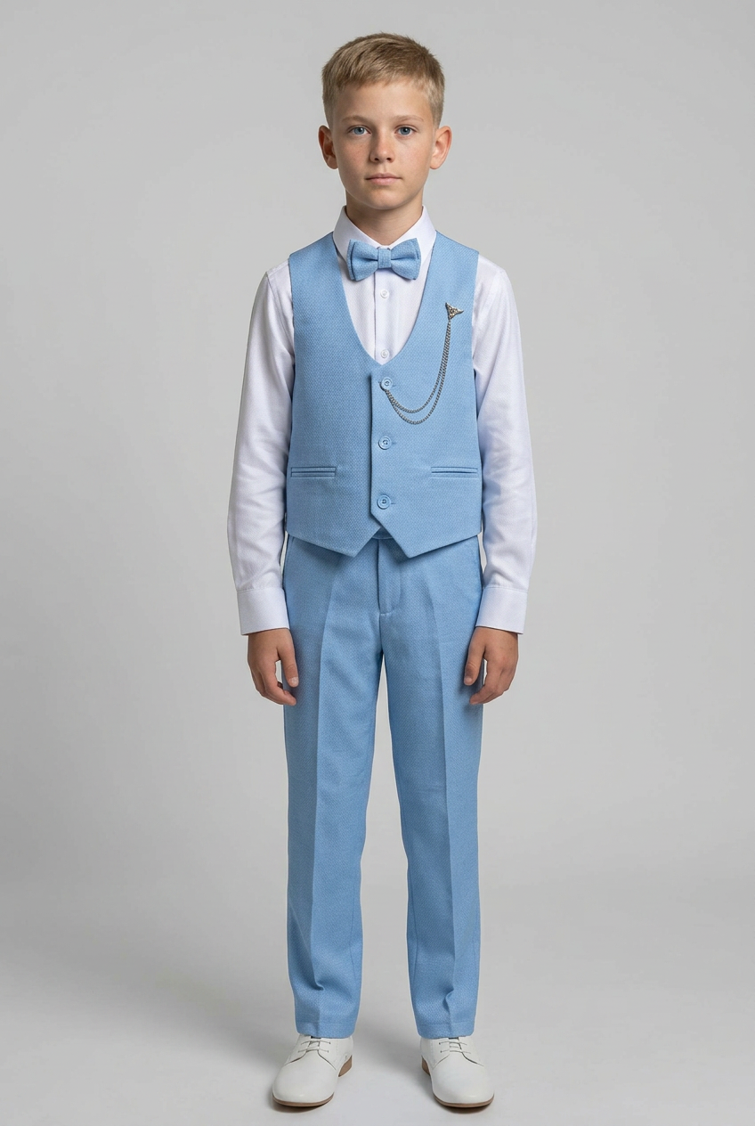 Boys' Slim Fit Textured Waistcoat Suit Set, Formal Outfit - Baby Blue