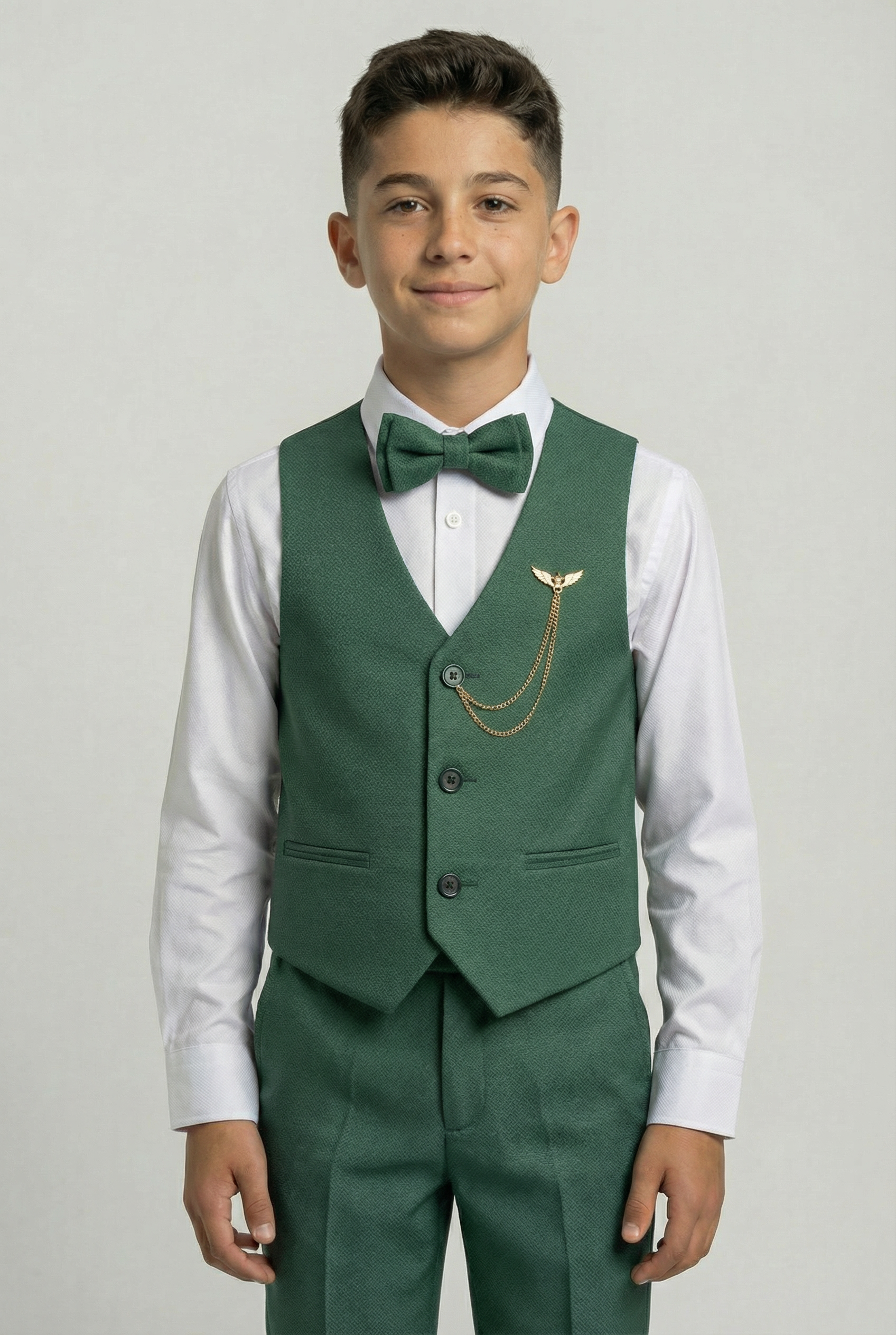Boys' Slim Fit Textured Waistcoat Suit Set, Formal Outfit - Dark  Green